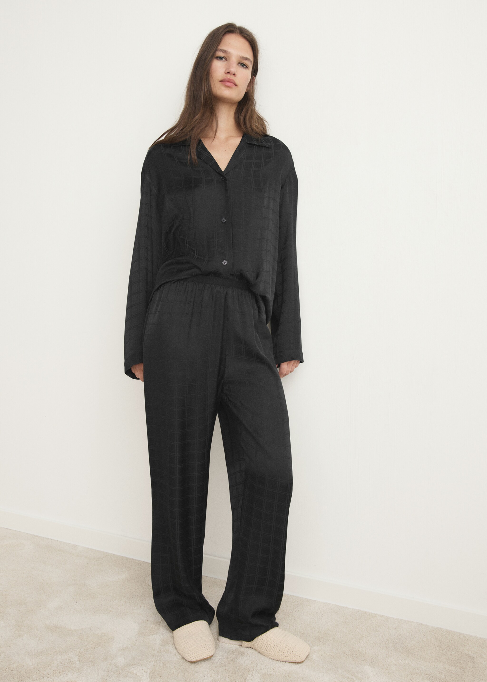 Camisa de pijama xadrez de rayon - Plano geral, Preto. Ref: 17064108-00.