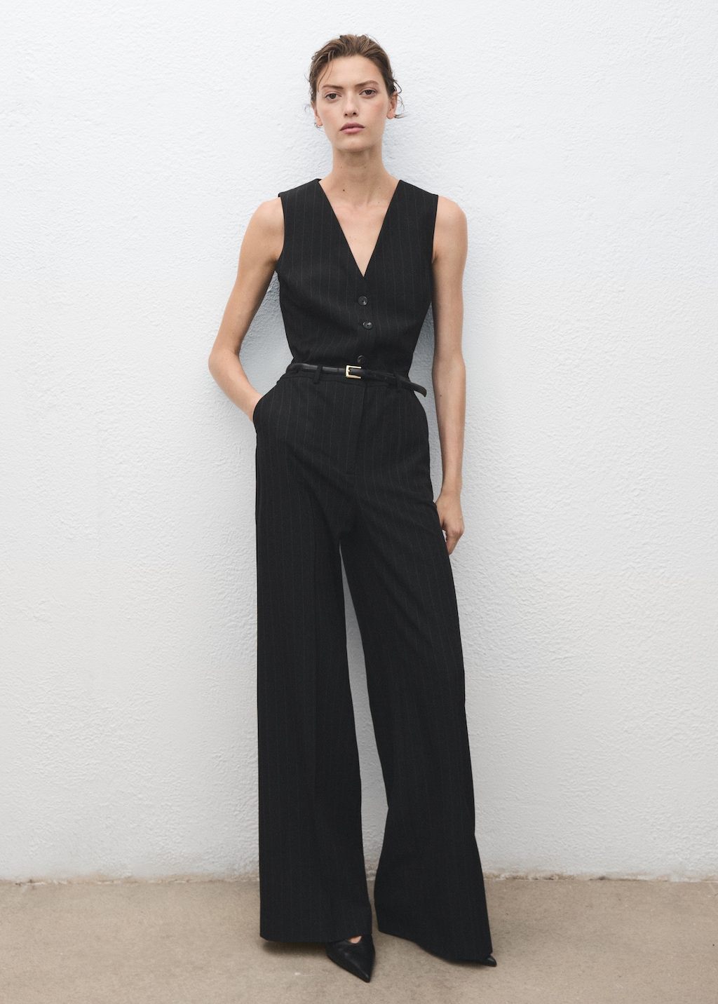 Pinstripe jumpsuit with belt