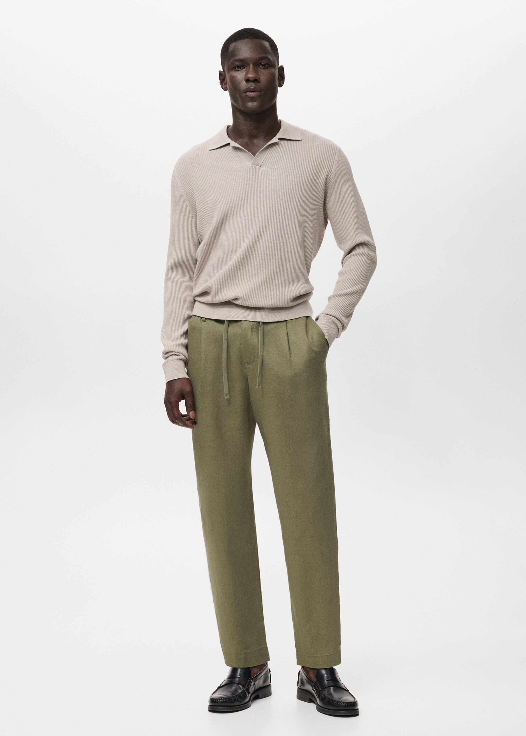 Παντελόνι slim fit λινό κορδόνι - Γενικό πλάνο, Χακί. Ref: 17065975-00.
