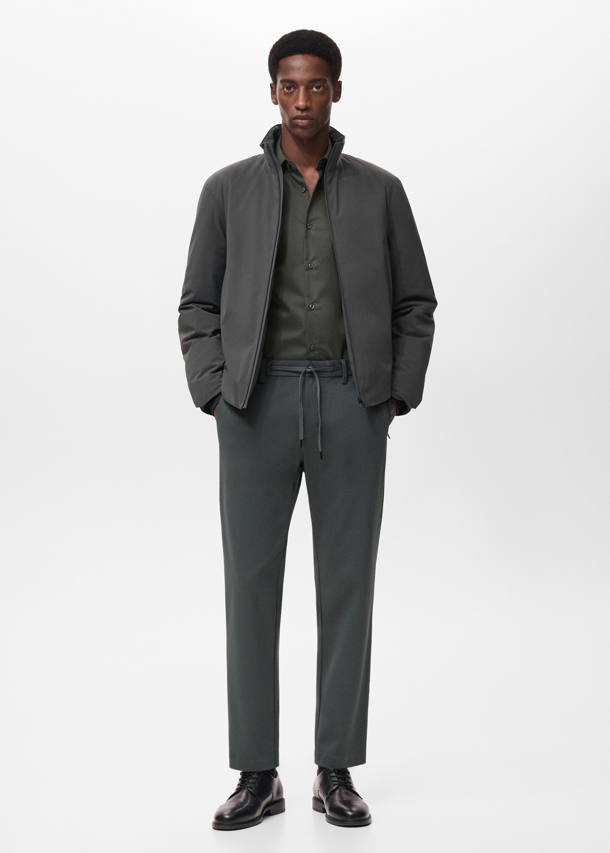 Stretch fabric slim-fit trousers with drawstring - General plane, Dark Green. Ref: 17066326-00.
