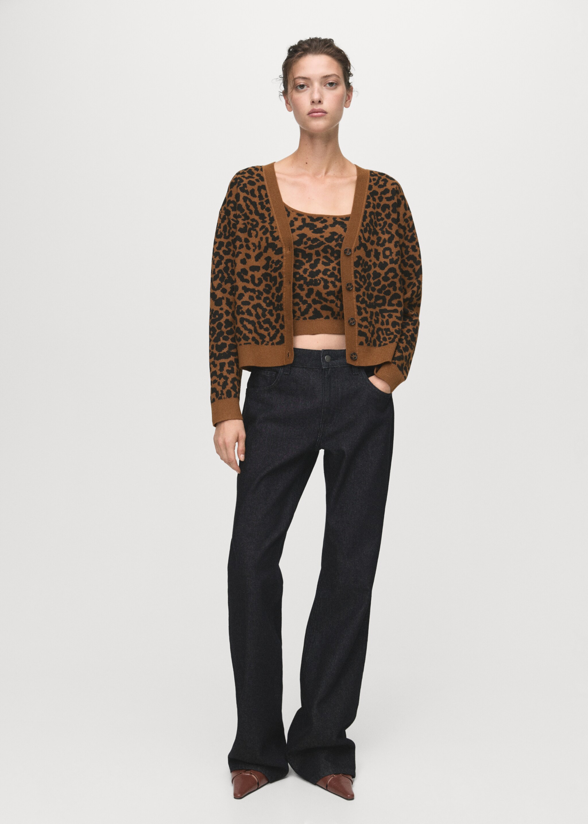 Strick-Top mit Leopardenmuster - Allgemeine Ansicht, Mittelbraun. Ref: 17066346-00.
