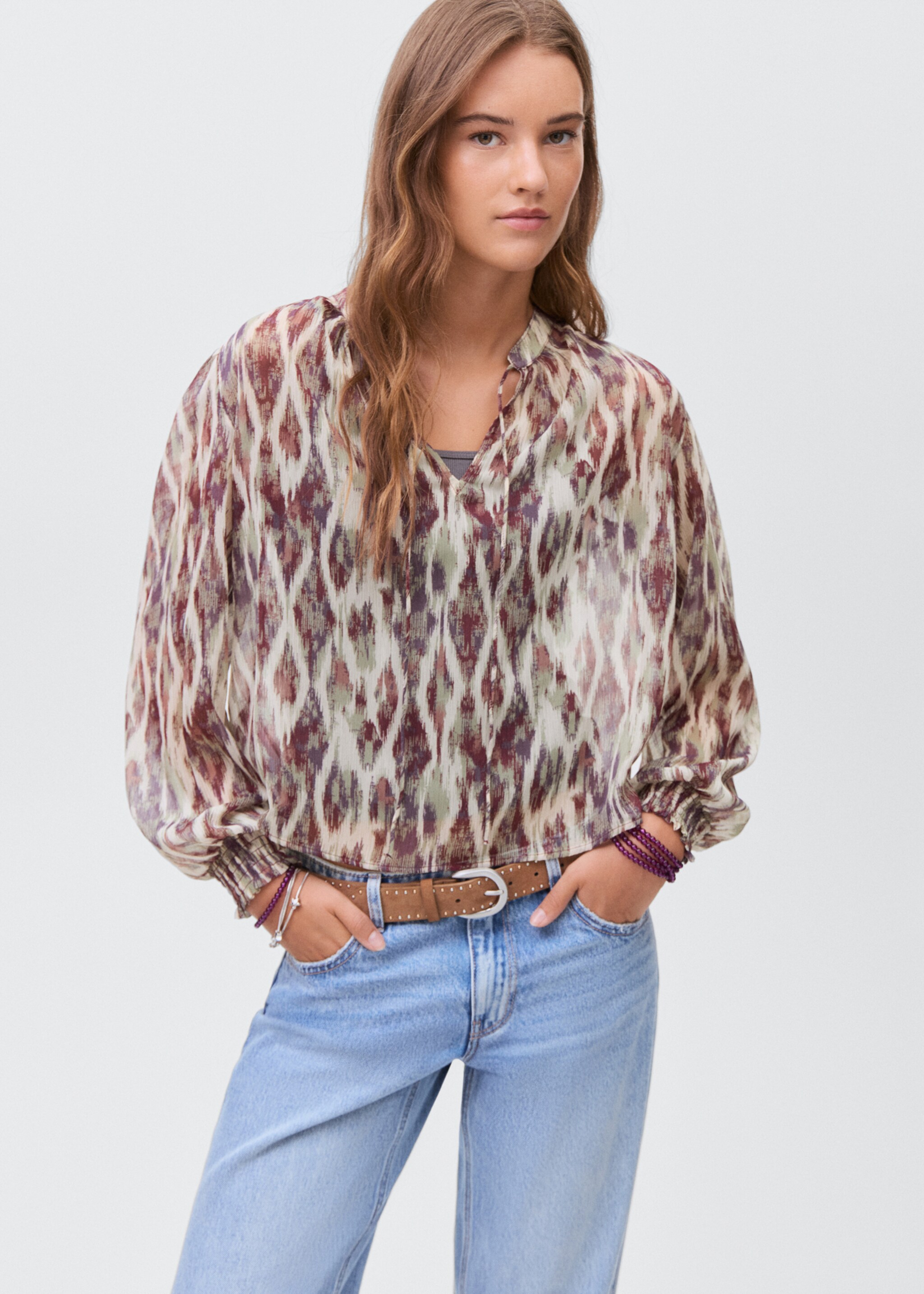 Blusa estampada semitransparente - Plano geral, Cru. Ref: 17067122-00.
