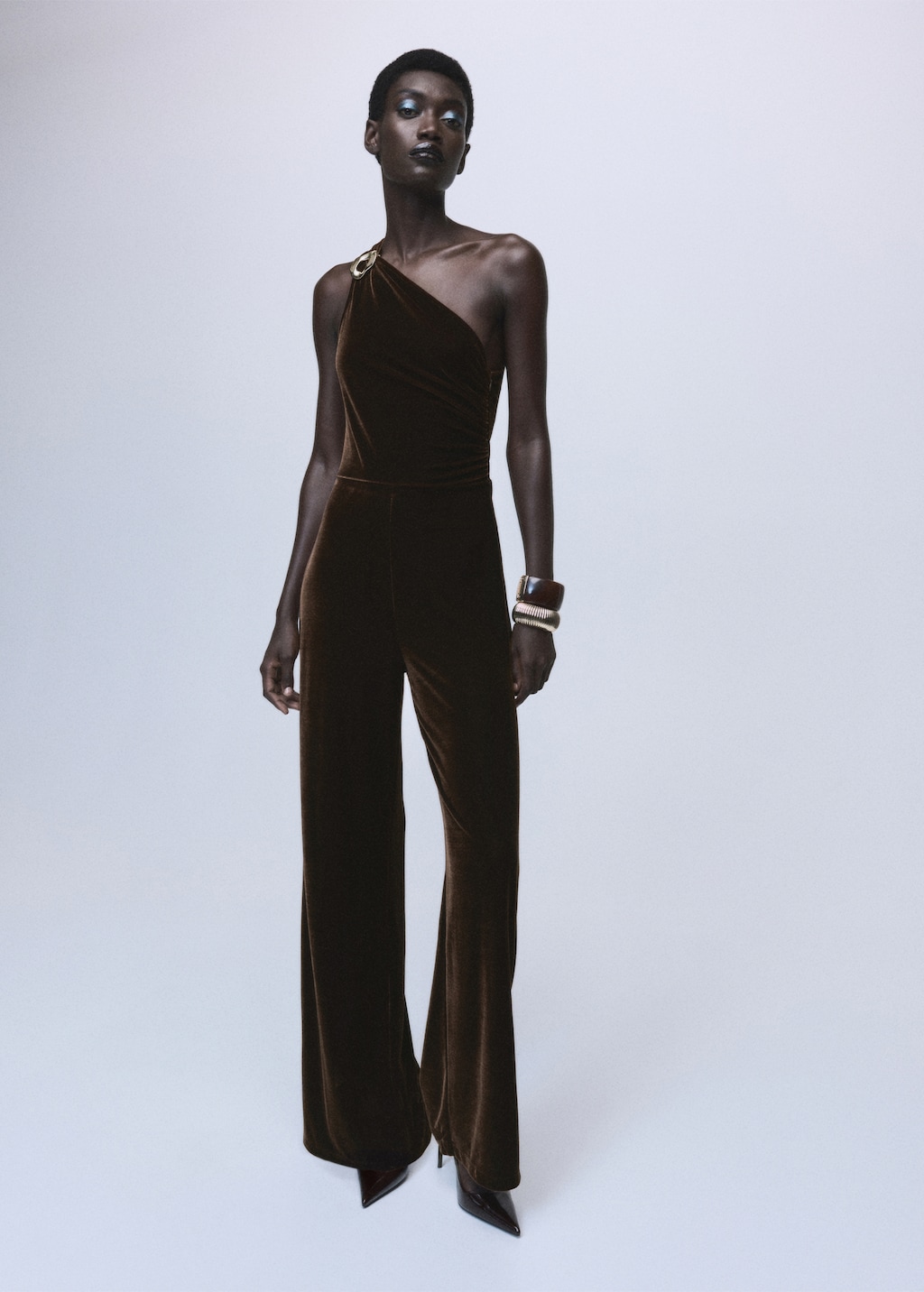 Velvet jumpsuit with metallic detail