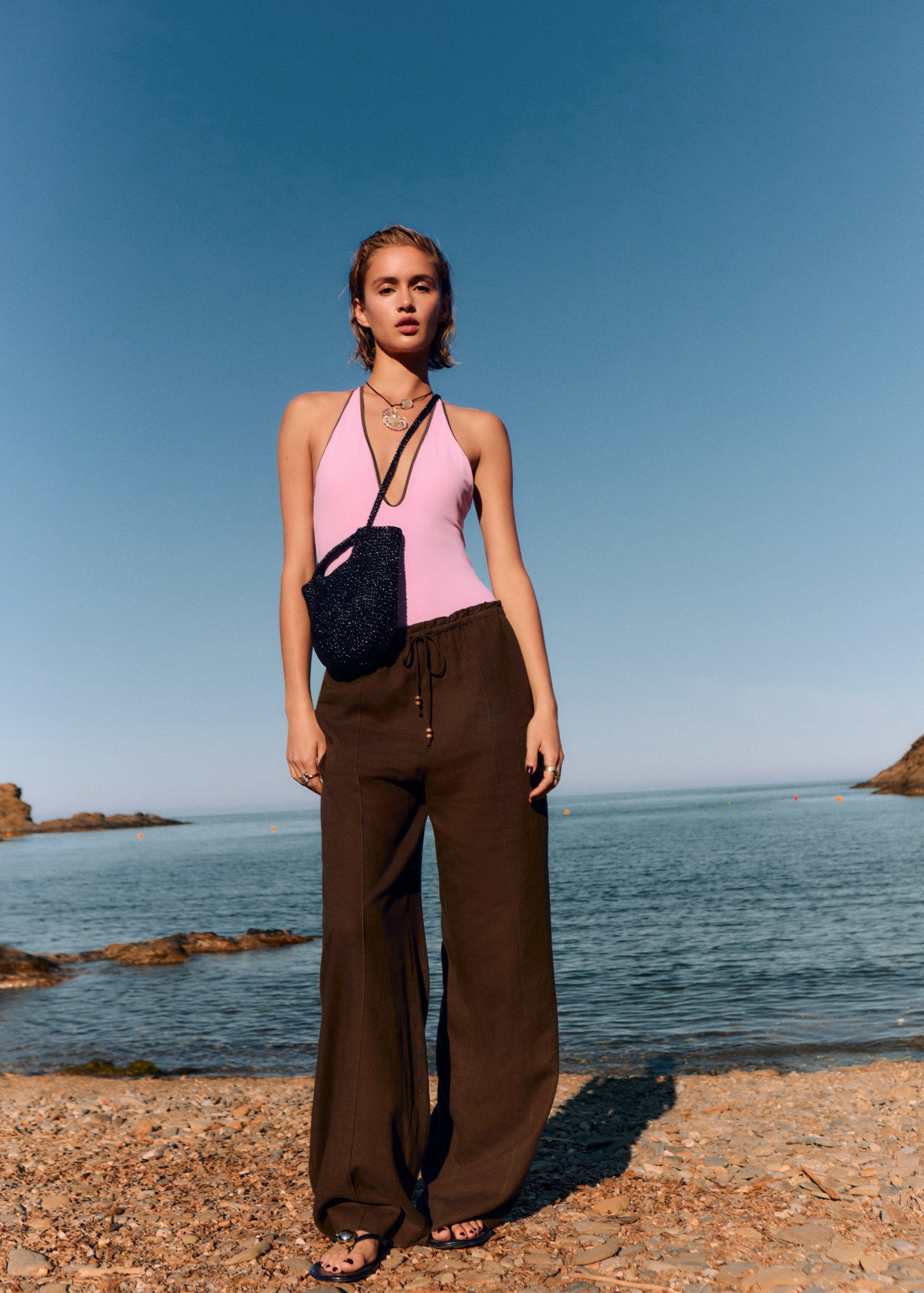 Linen-blend elastic waist trousers - General plane