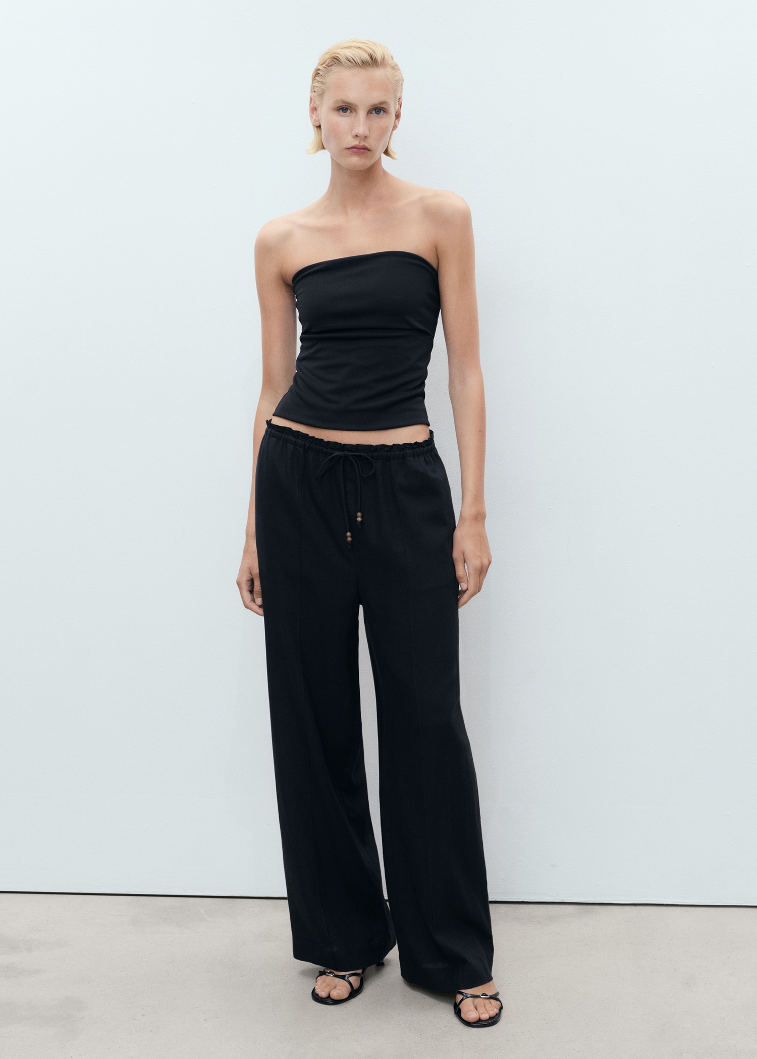 Linen-blend elastic waist trousers - General plane