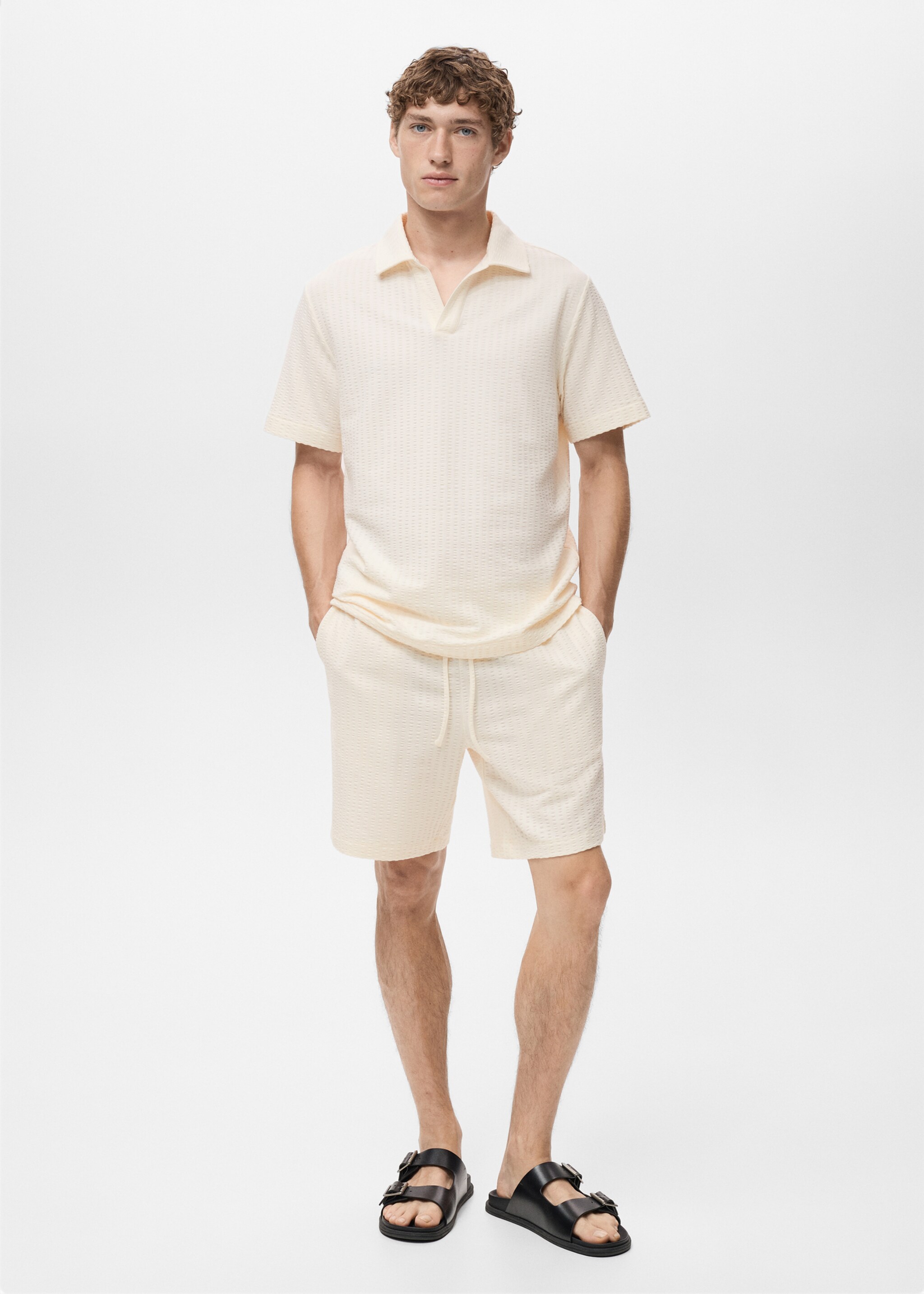 Cotton seersucker bermuda shorts with drawstring - General plane, Ecru. Ref: 17071228-00.