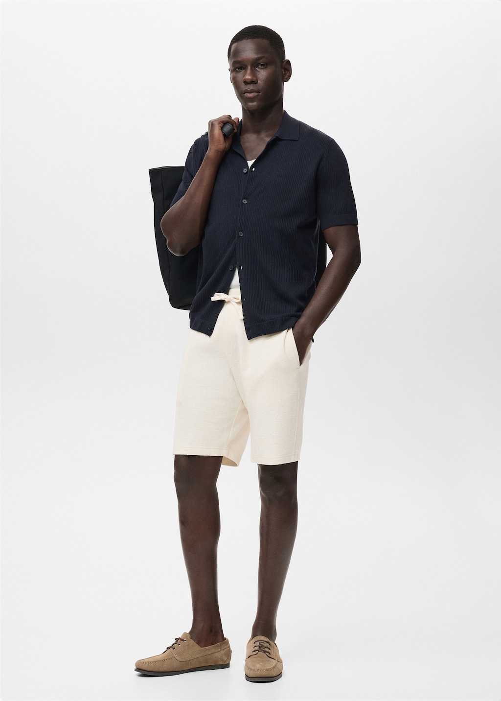 Textured cotton bermuda shorts with drawstring