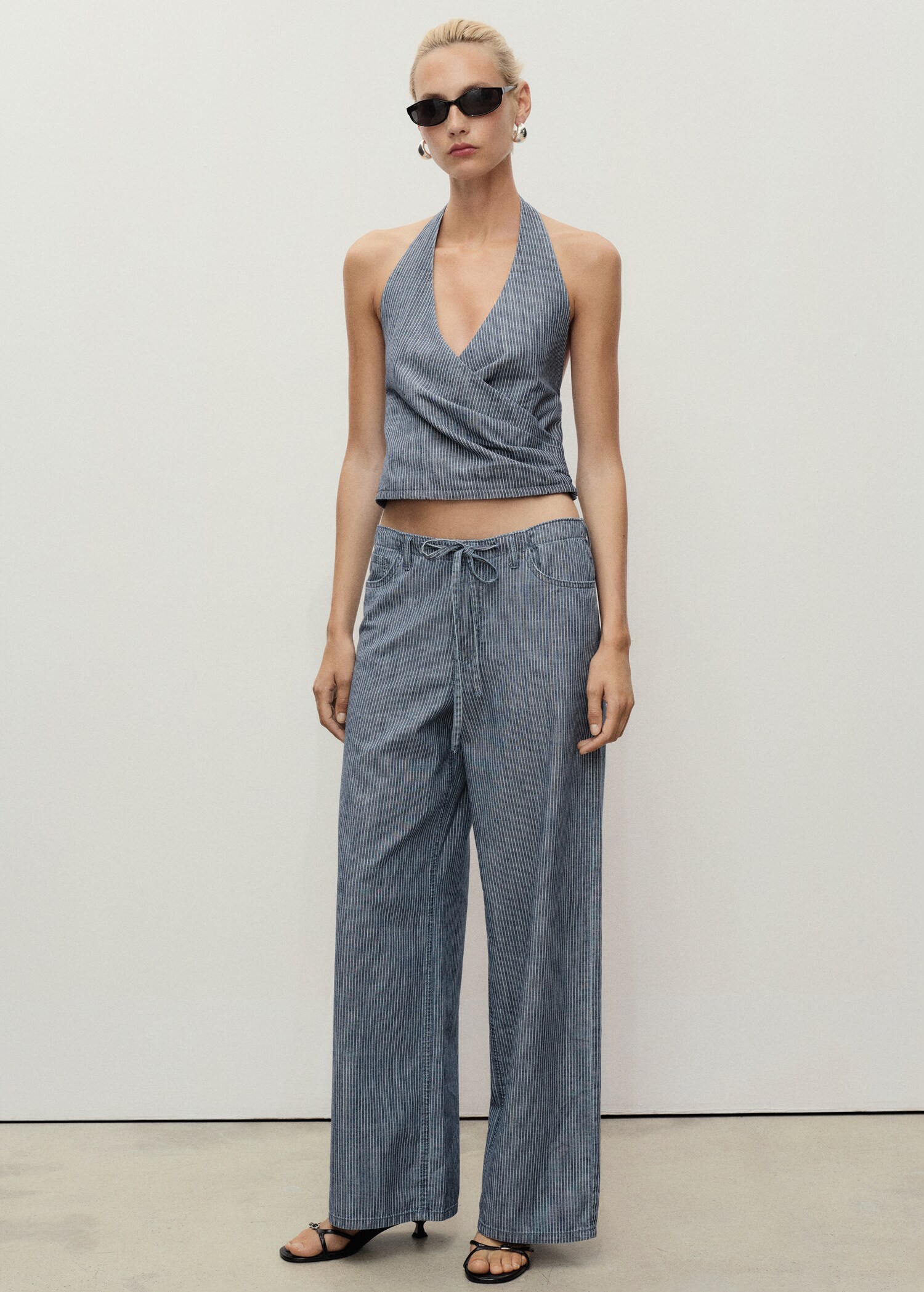 Wide-leg denim trousers with belt - General plane