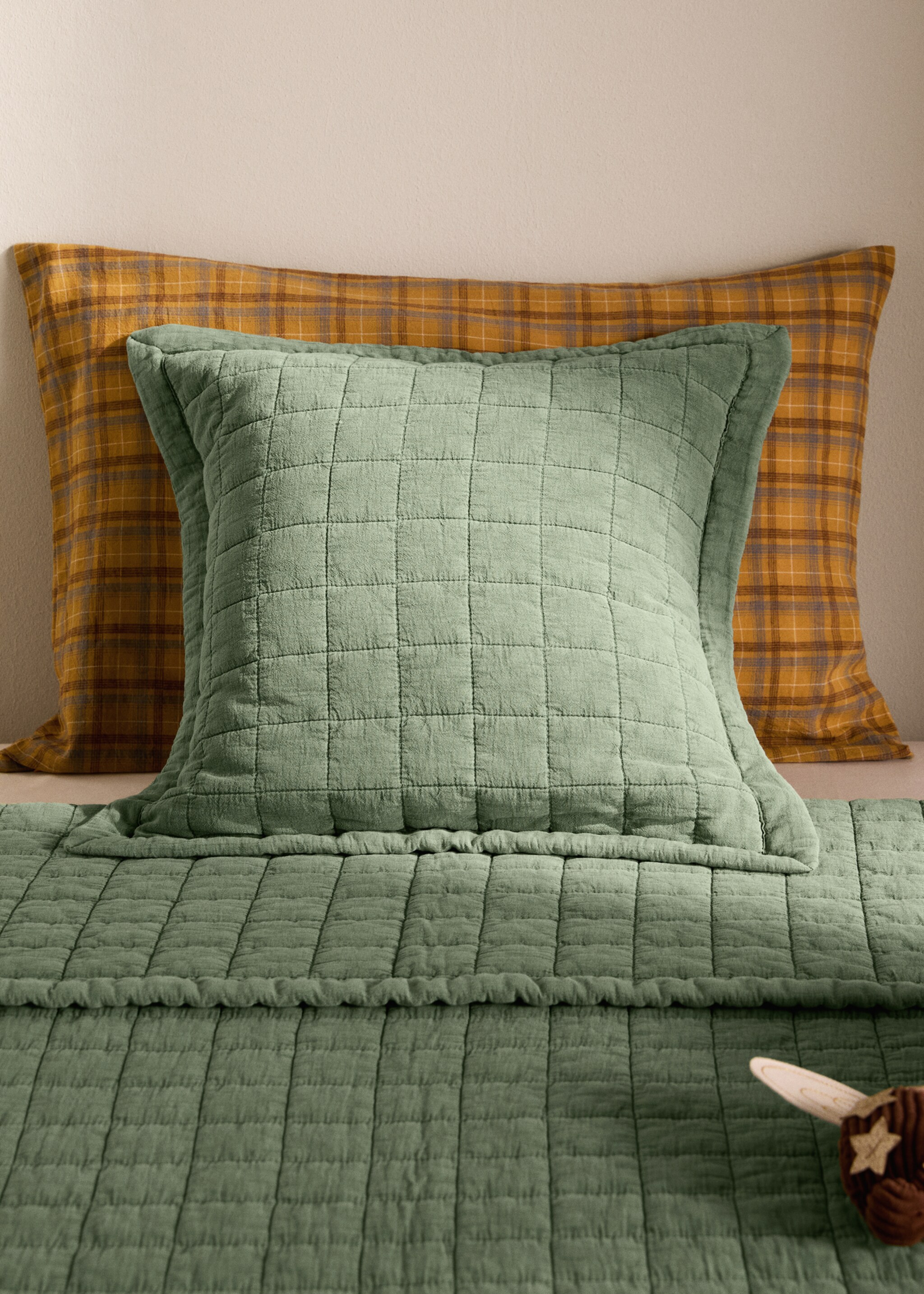 Washed cotton plaid children's bed cushion cover 40x40 cm - General plane, Medium Green. Ref: 17073826-00.