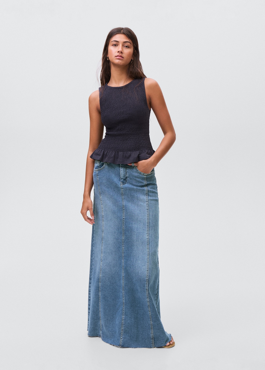 Long denim skirt with seams
