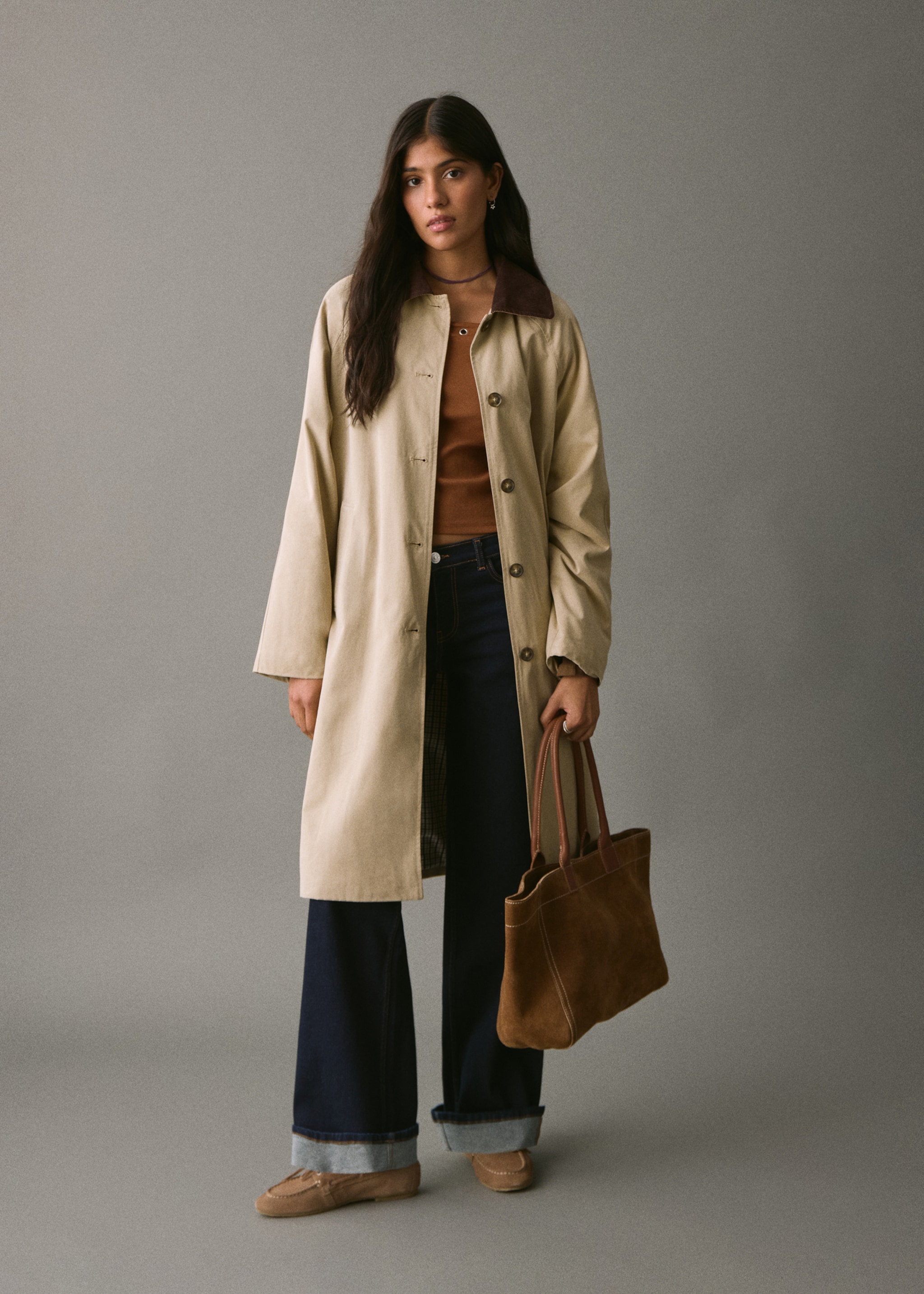 Trench coat with contrasting collar - General plane, Ecru. Ref: 17075783-00.