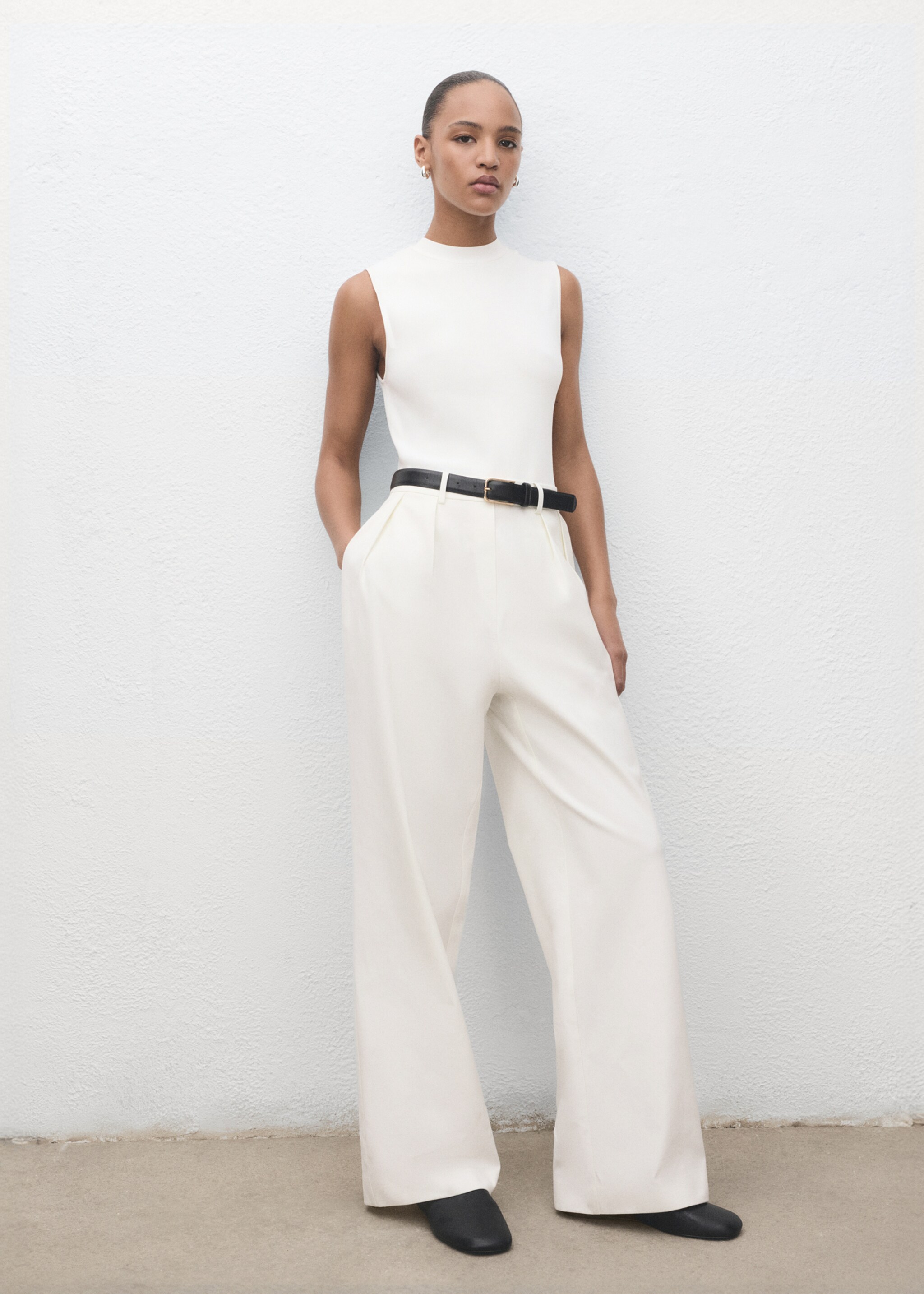 Combined-fabric jumpsuit with belt - General plane, Off White. Ref: 17075786-00.