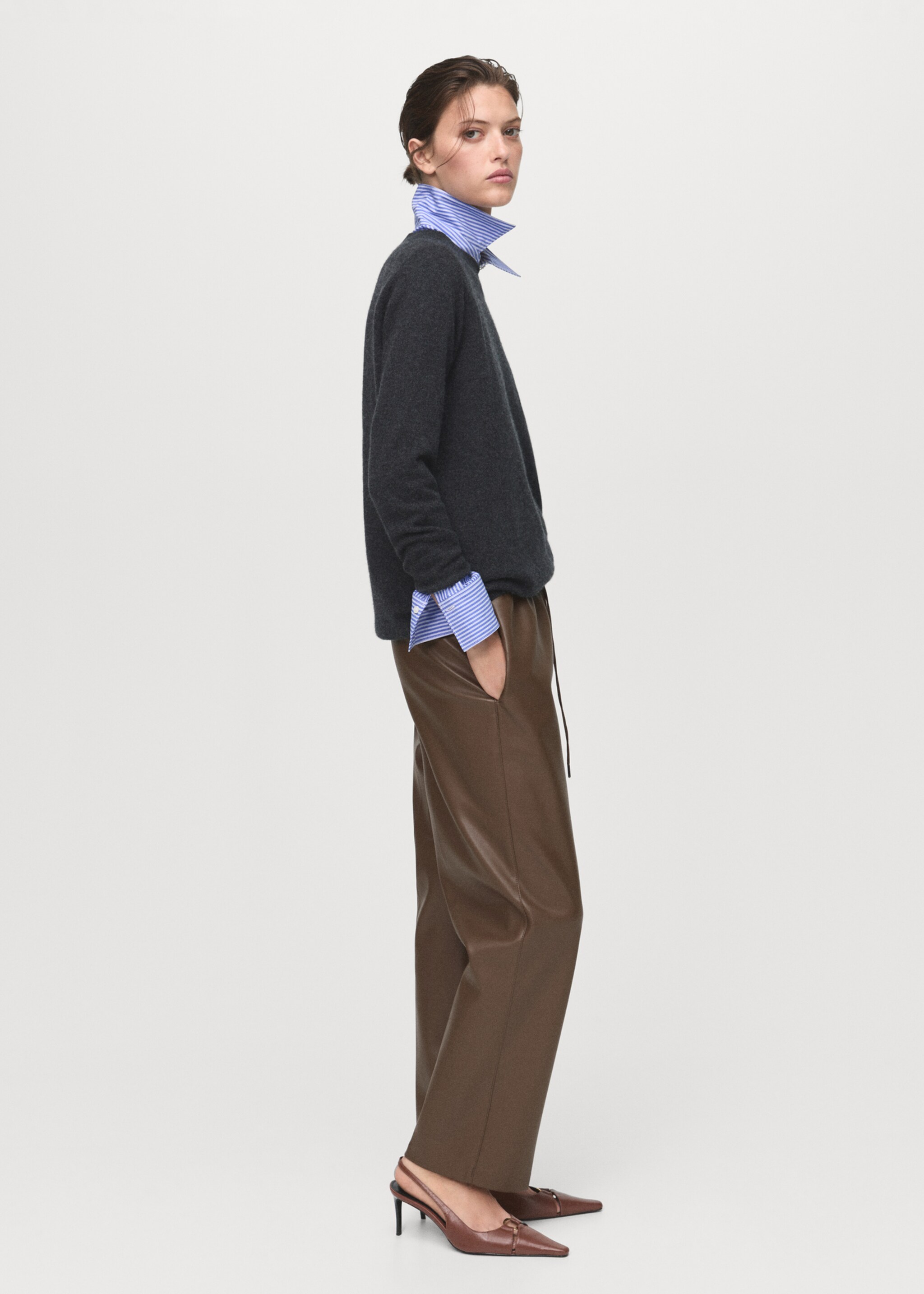 Leather-effect elastic waist trousers - General plane, Medium Brown. Ref: 17075974-00.