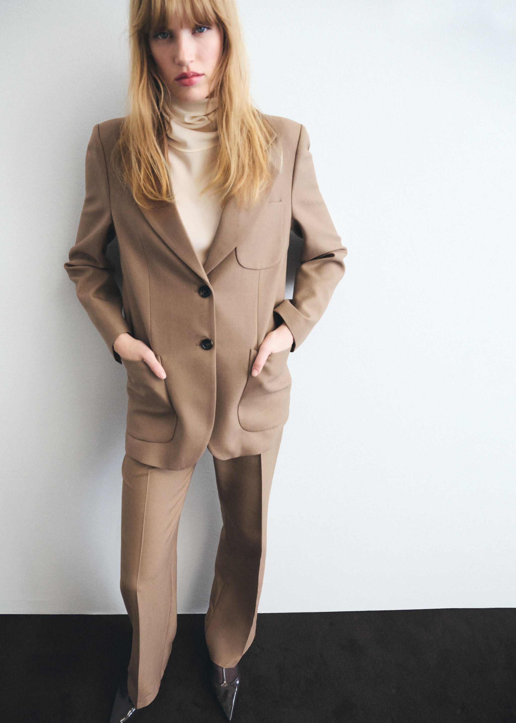 Wool-blend jacket with pockets - General plane, Medium Brown. Ref: 17076003-00.