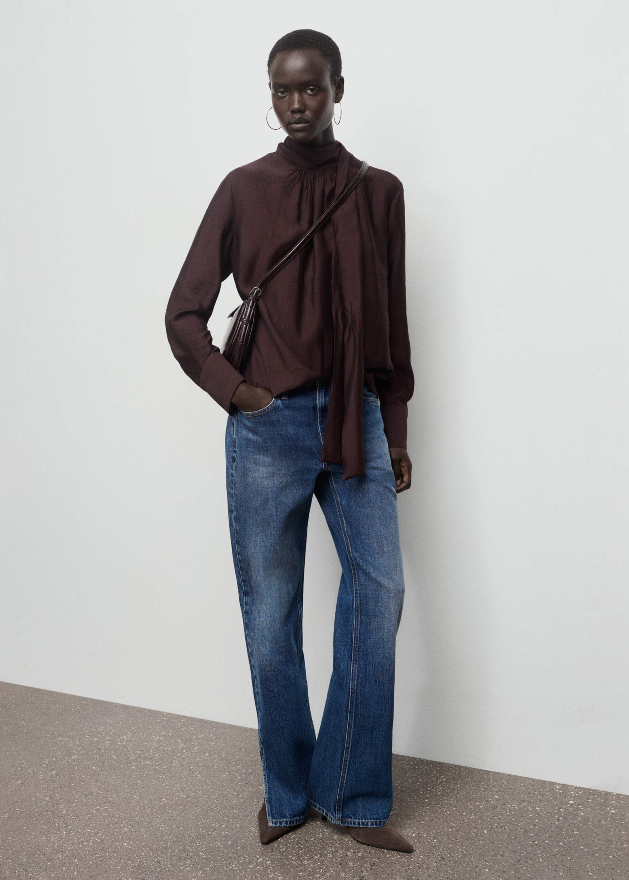Textured blouse with foulard - General plane, Brown. Ref: 17077800-00.