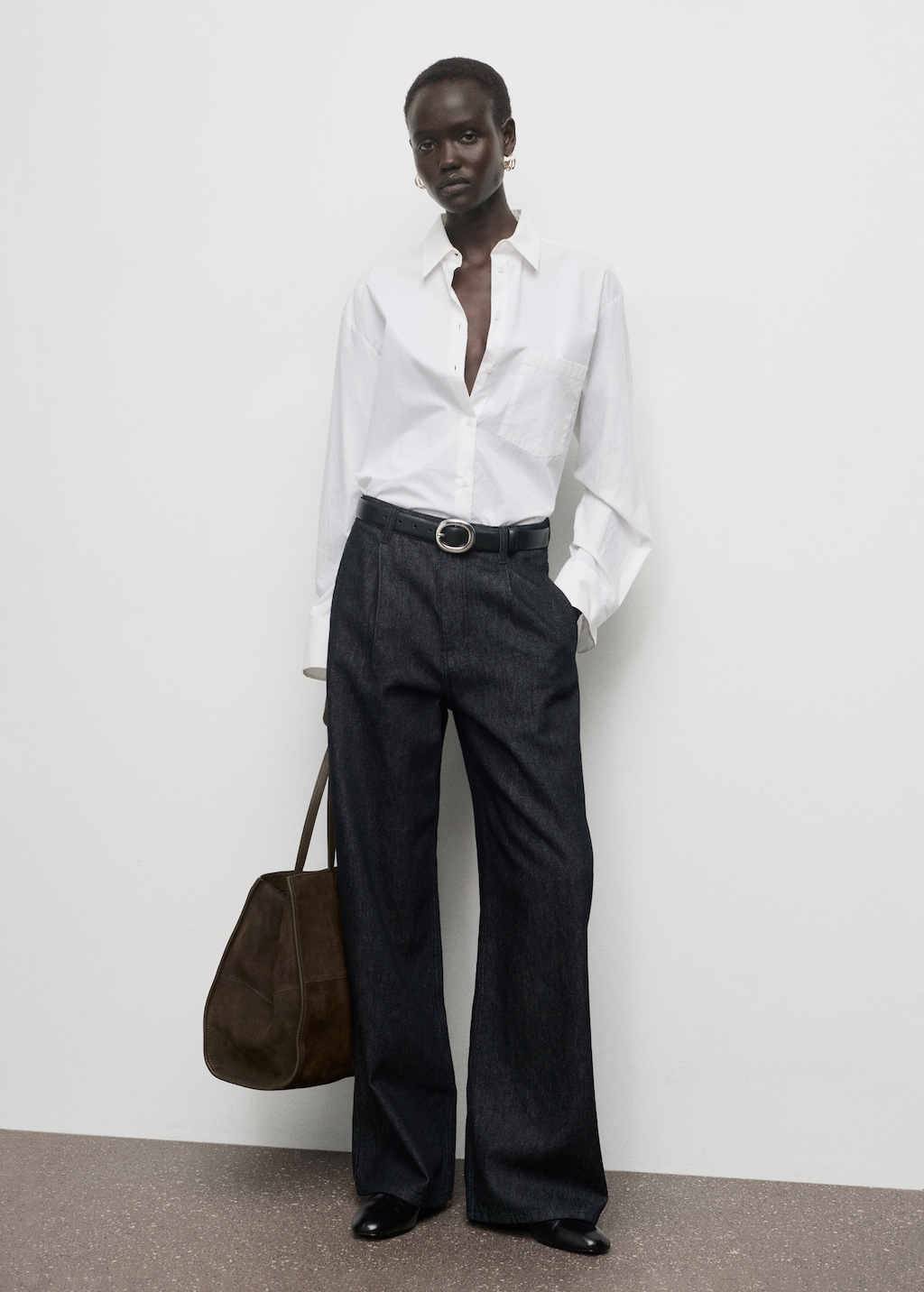 Wide-leg pleated denim trousers