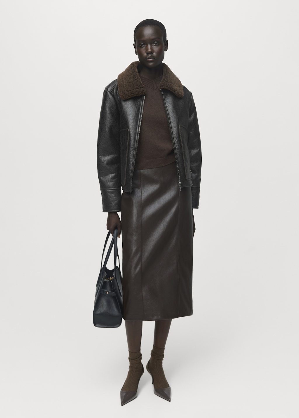 Faux-leather jacket with shearling collar