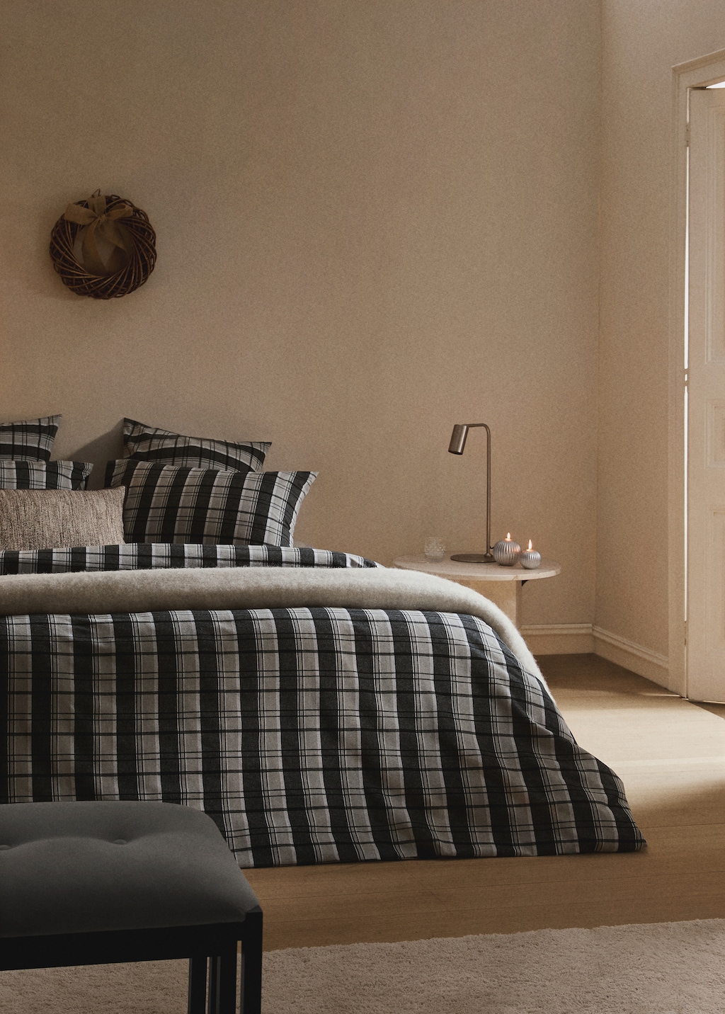 Flannel cotton melange-yarn duvet cover with check pattern for 90 cm bed