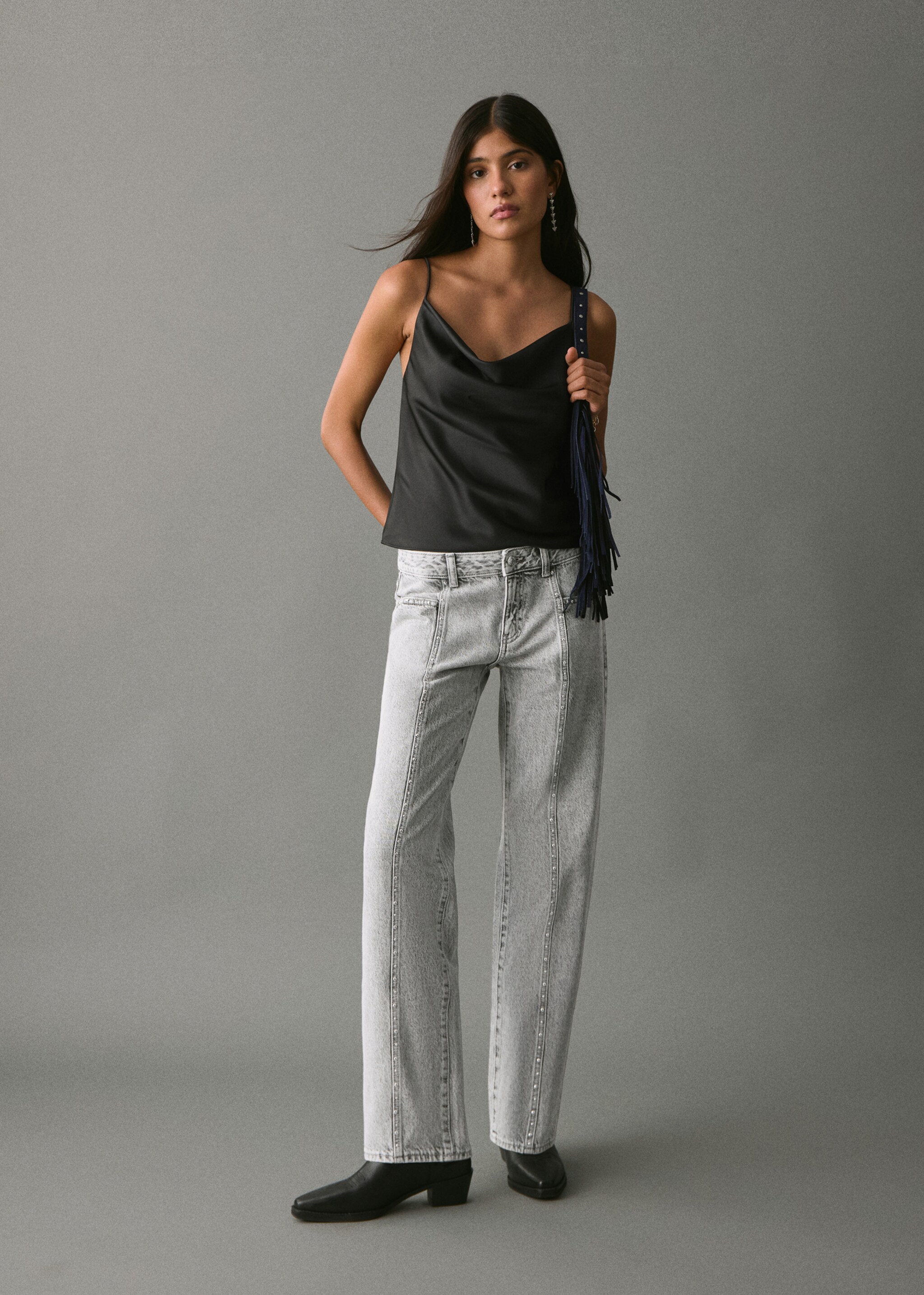 Straight-fit jeans with studs - General plane, Denim Grey. Ref: 17078281-00.