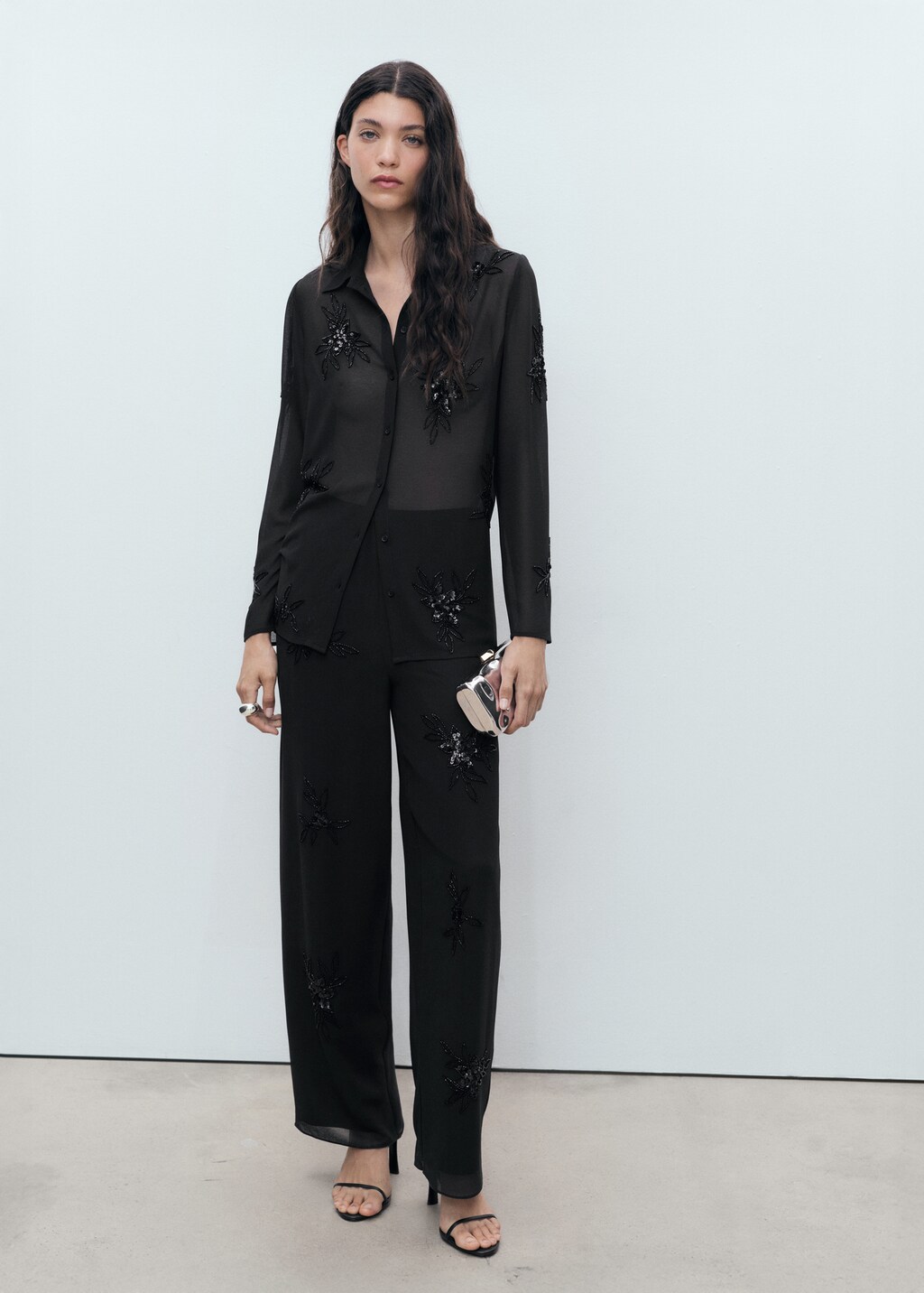 Semi-transparent shirt with rhinestone embroidery