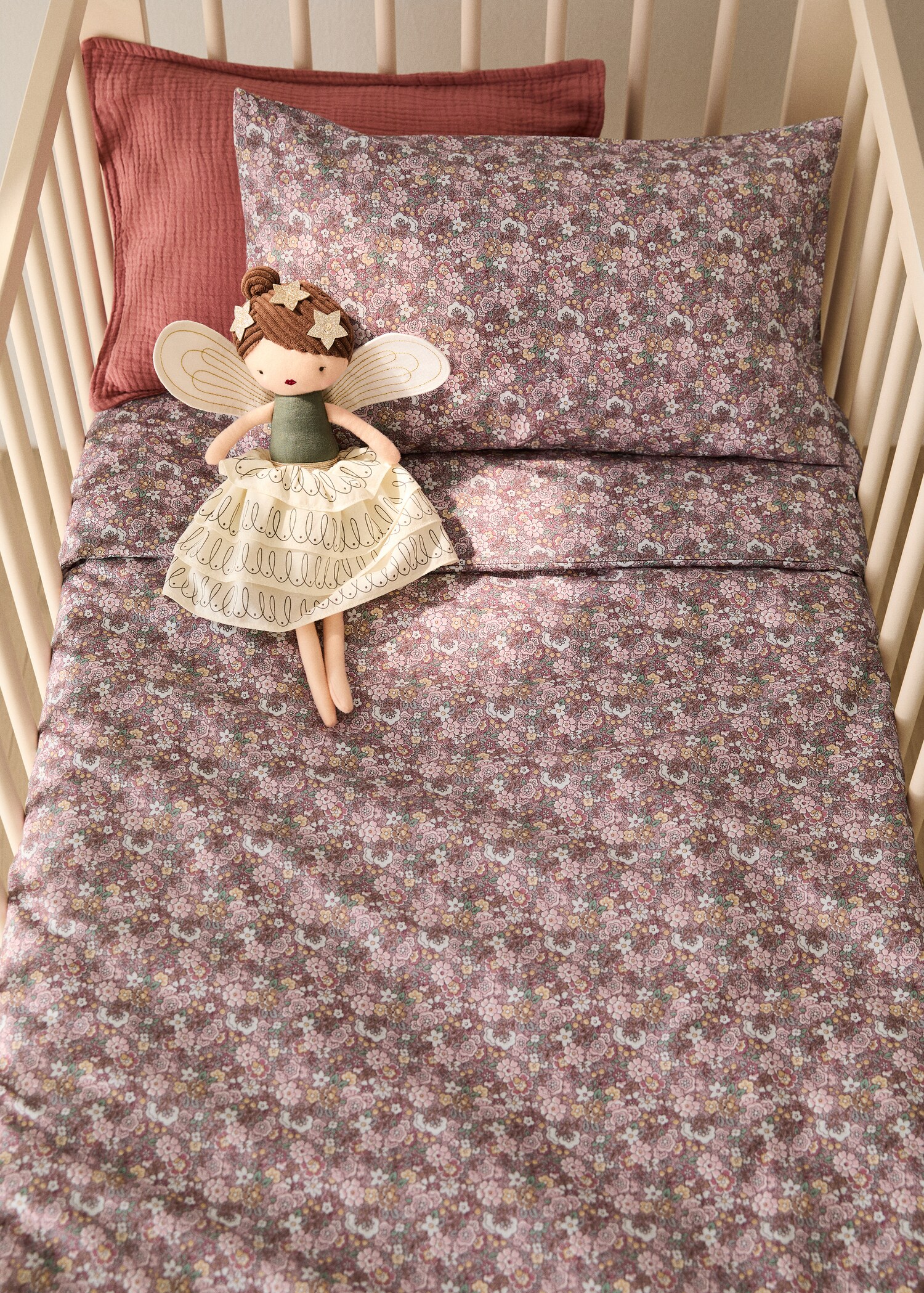 Cot bed duvet cover in small floral printed percale cotton - General plane