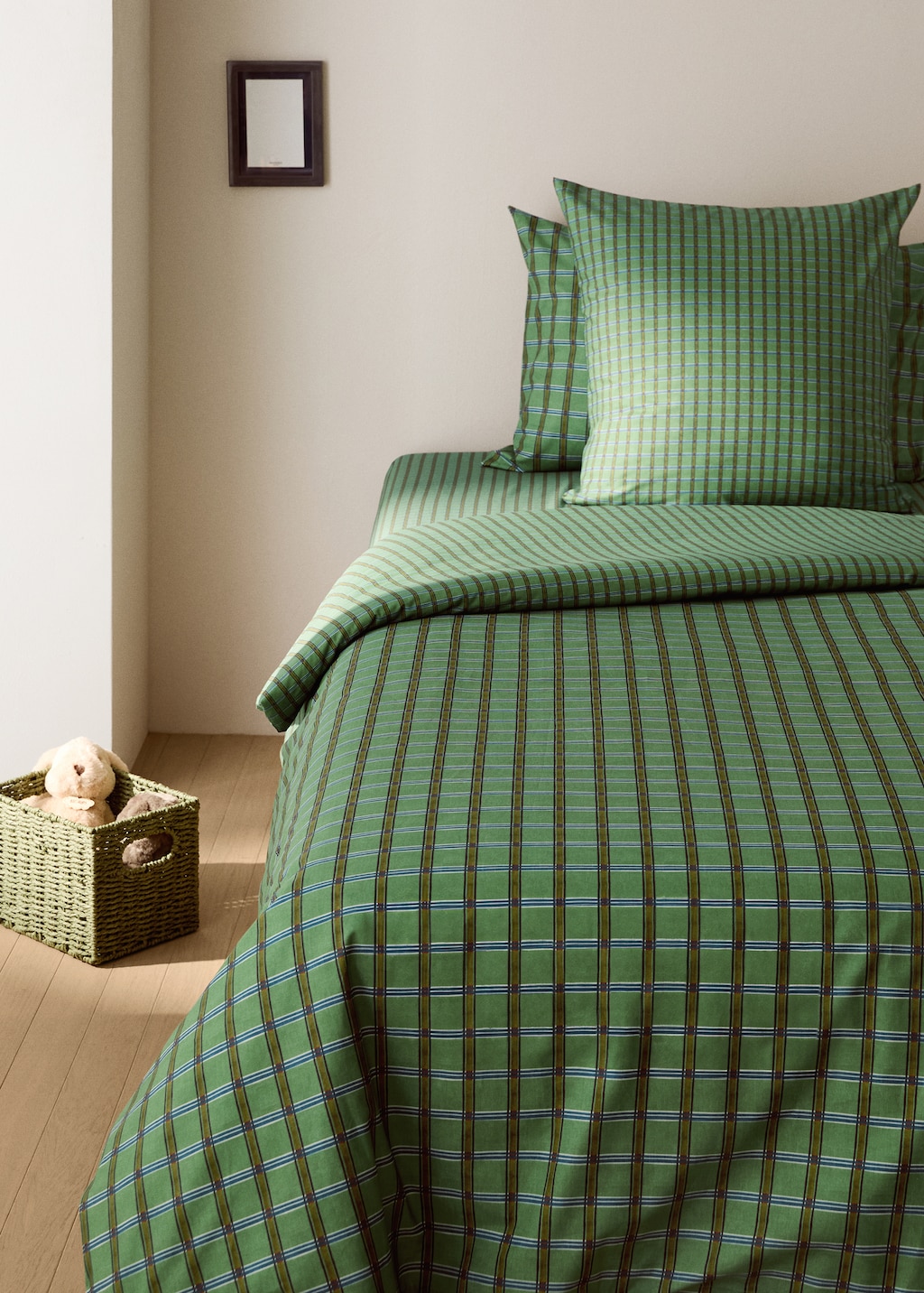 Children's percale cotton reversible duvet cover with checked print for 90 cm bed