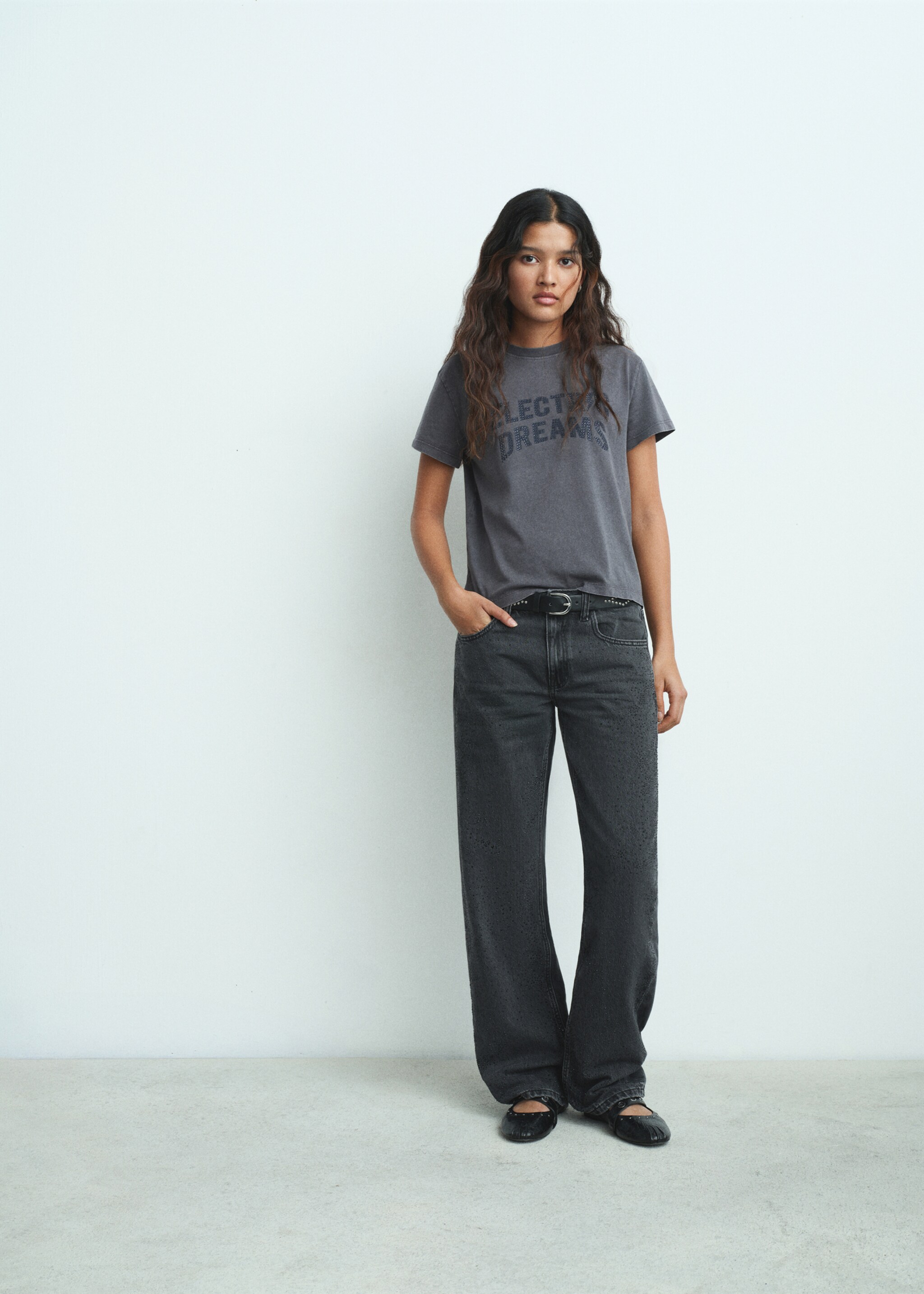 Rhinestone message t-shirt - General plane, Charcoal. Ref: 17083827-00.