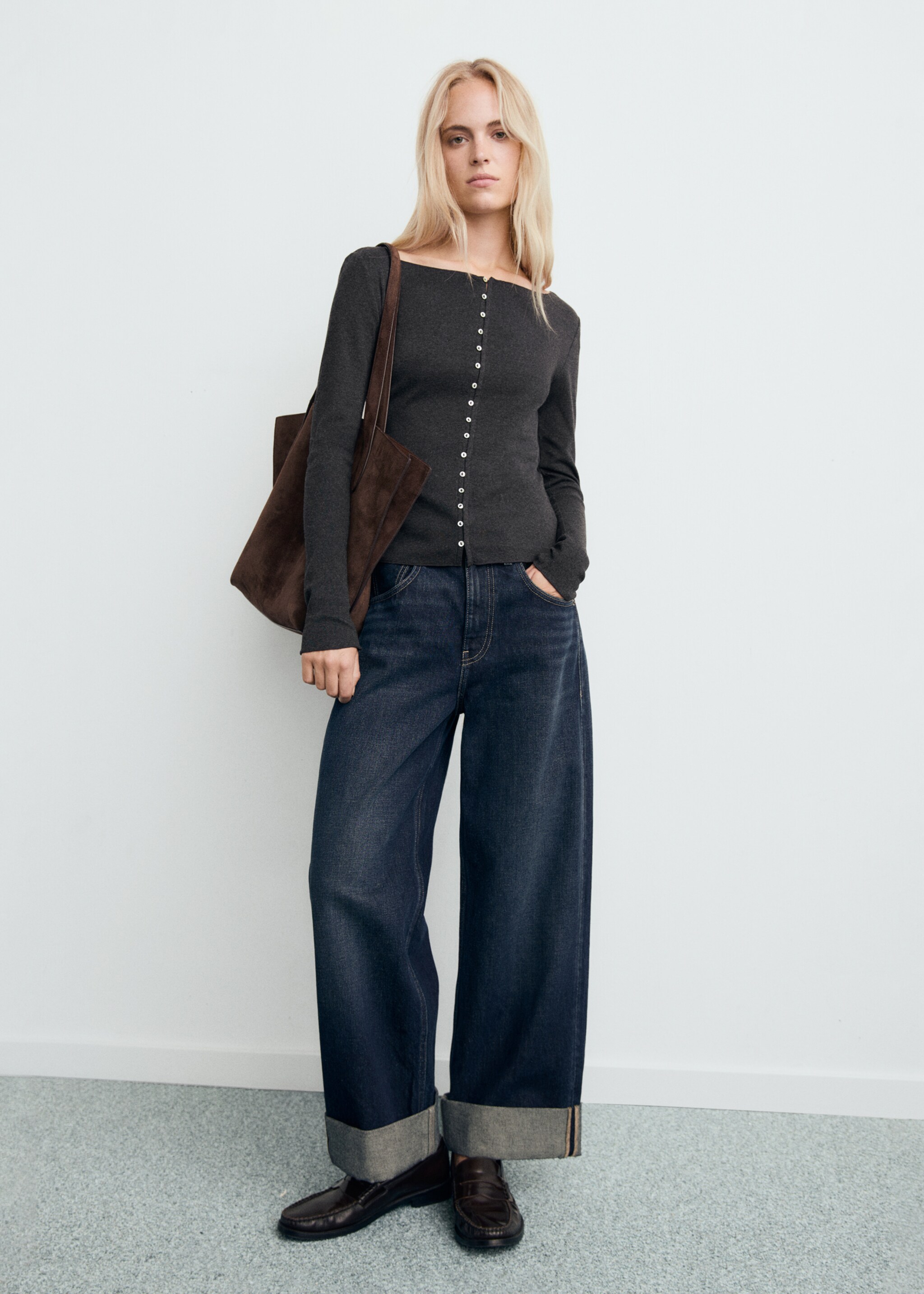 Boat neck cardigan with buttons - General plane, Grey. Ref: 17085811-00.