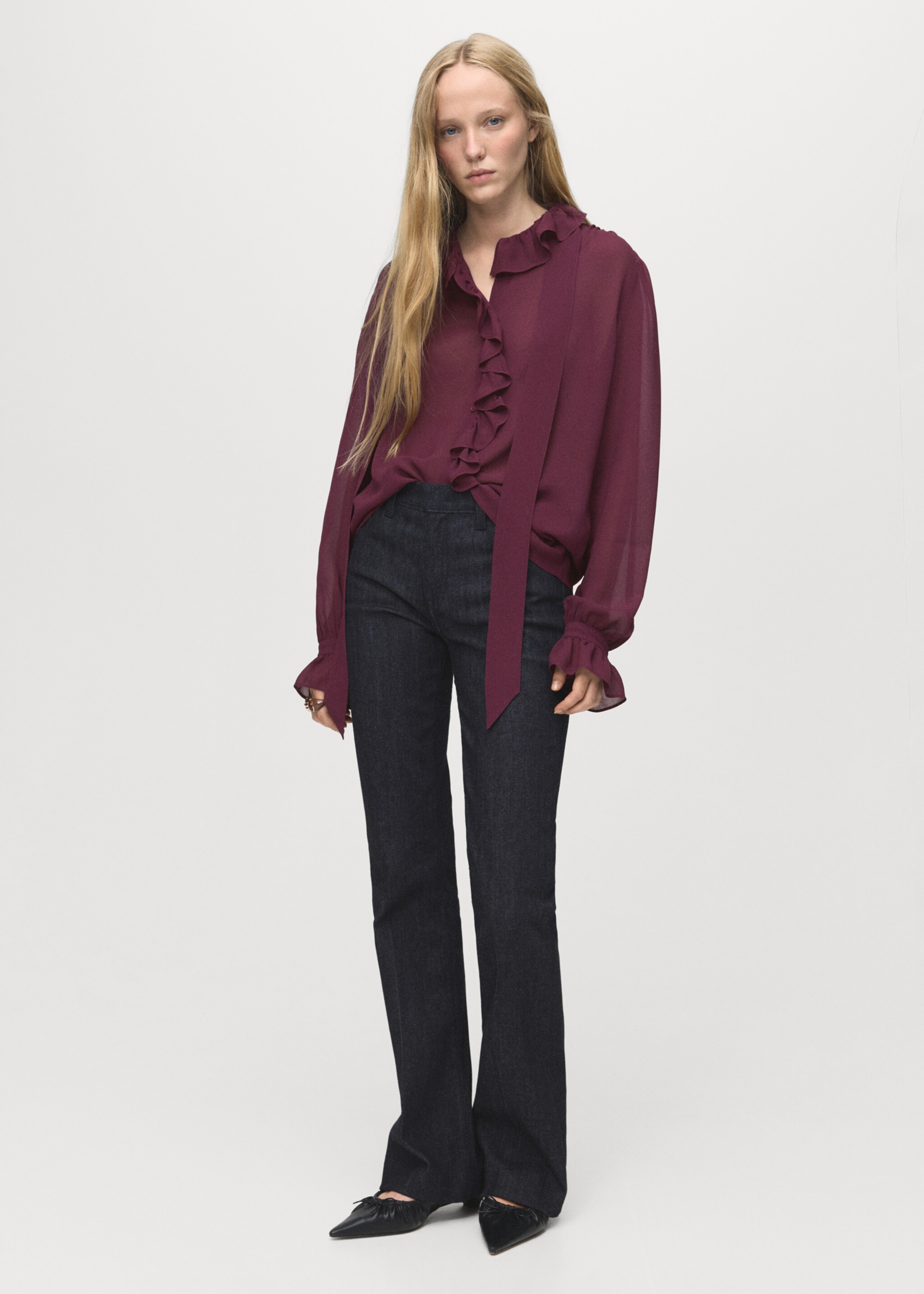 Ruffled blouse with scarf - General plane, Burgundy. Ref: 17085826-00.