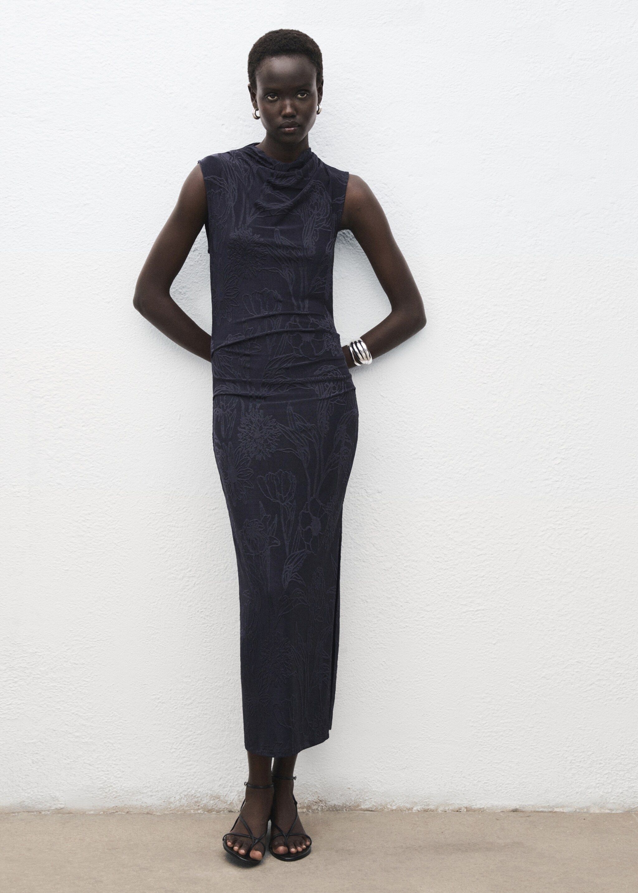 Embroidered dress with draped collar - General plane, Navy. Ref: 17085827-00.