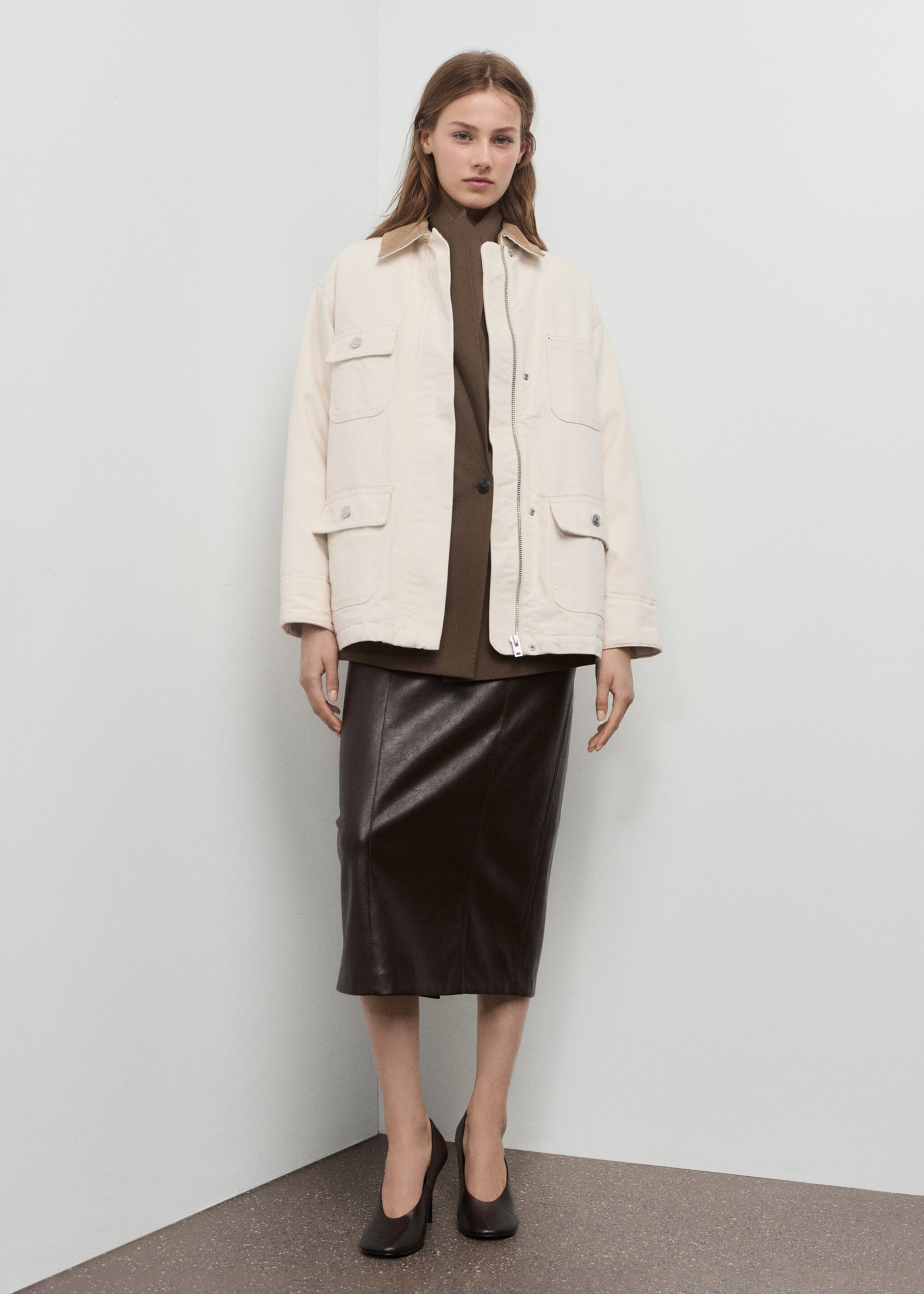 Denim parka with corduroy collar - General plane, Ecru. Ref: 17085975-00.