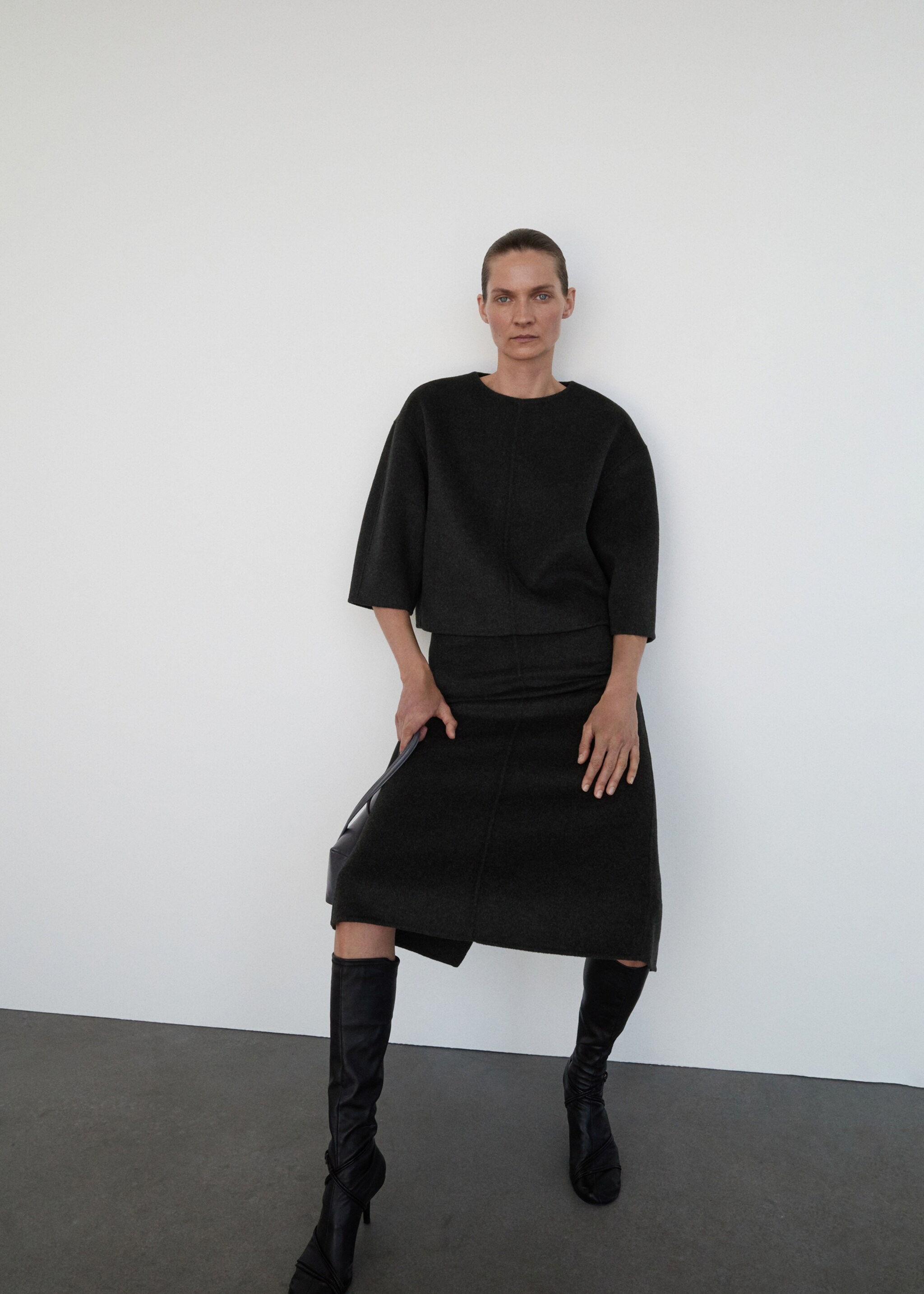 Wool top with three-quarter sleeve - General plane, Grey. Ref: 17086356-00.