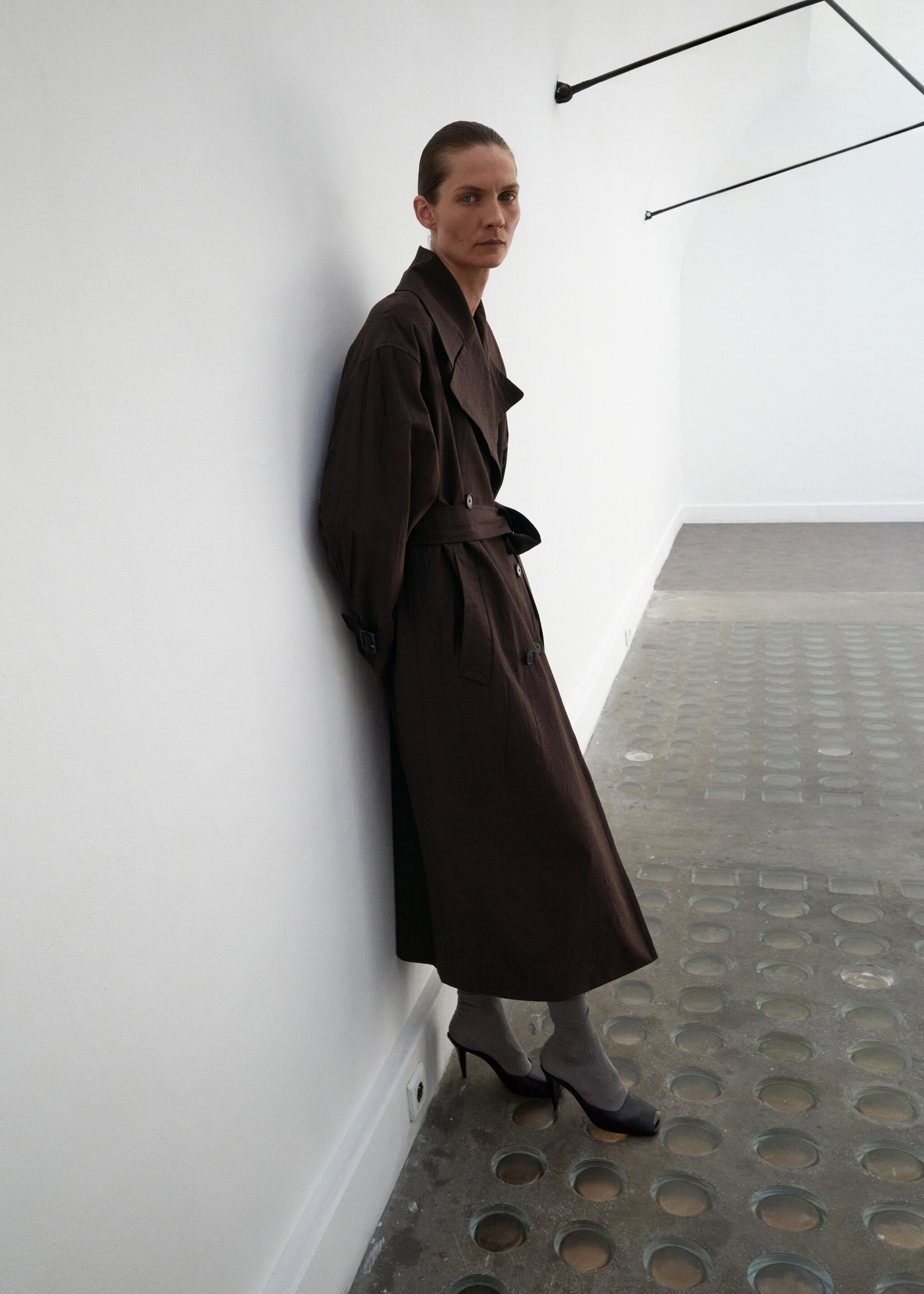 Long virgin wool trench coat - General plane, Chocolate. Ref: 17086360-00.