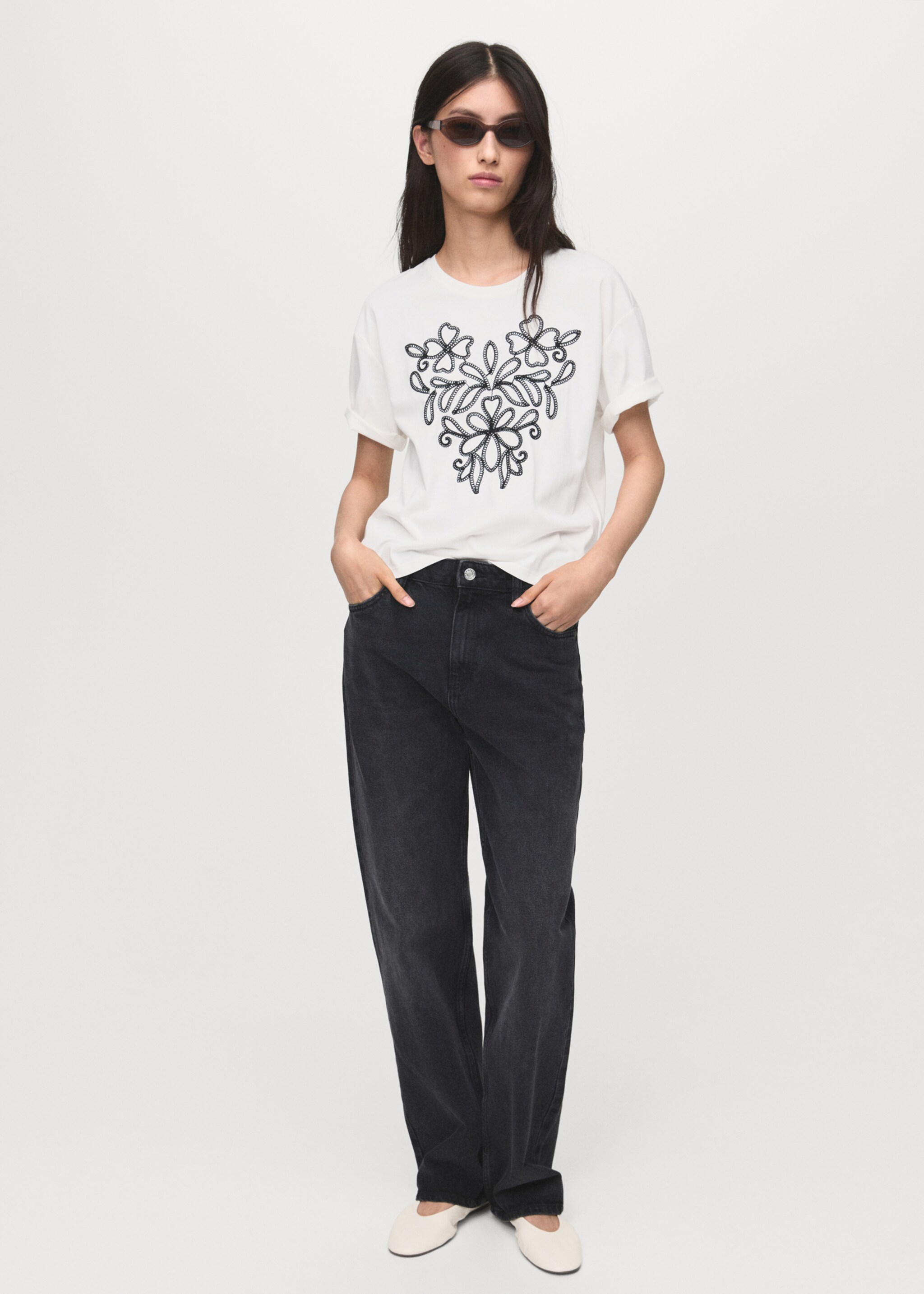 Floral-embroidered cotton t-shirt - General plane, White. Ref: 17086736-00.