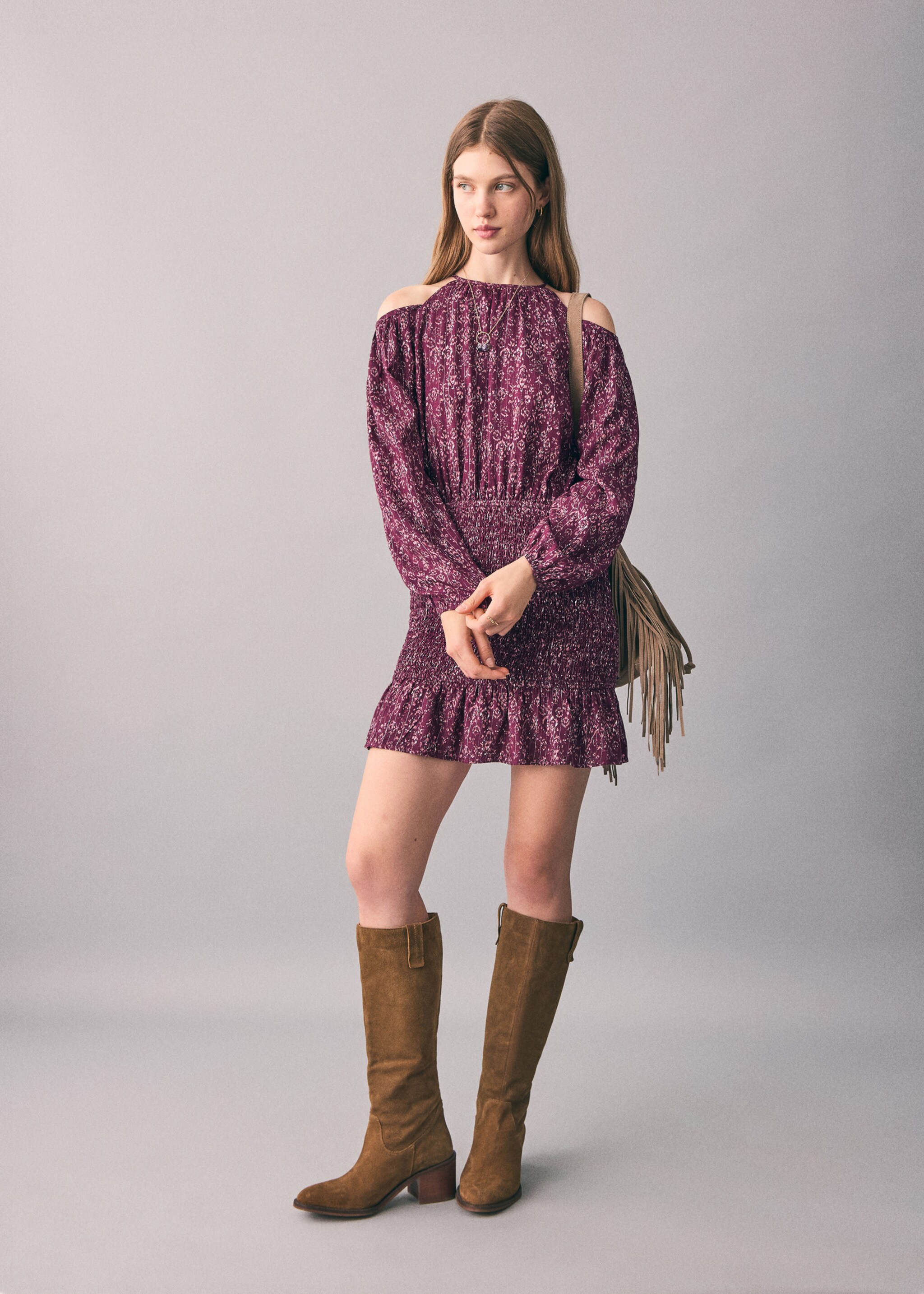 Lurex dress with cut-out - General plane, Maroon. Ref: 17087122-00.