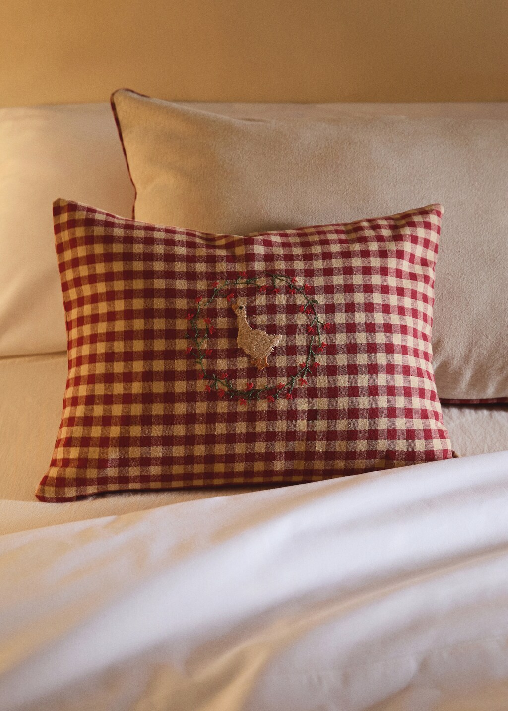 Gingham check cotton cushion cover with embroidery 30x40cm