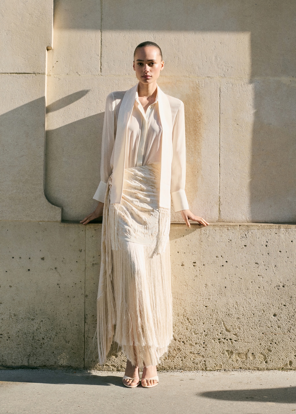 Pareo-style skirt with embroidered fringe