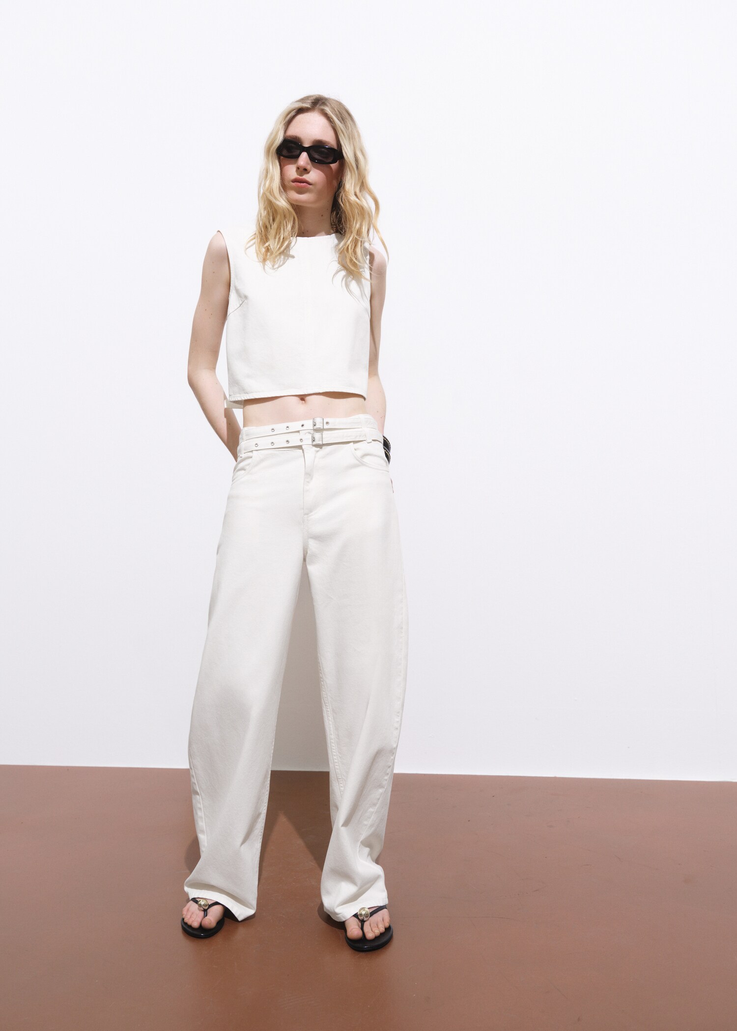 Denim crop top with buckle closure - General plane