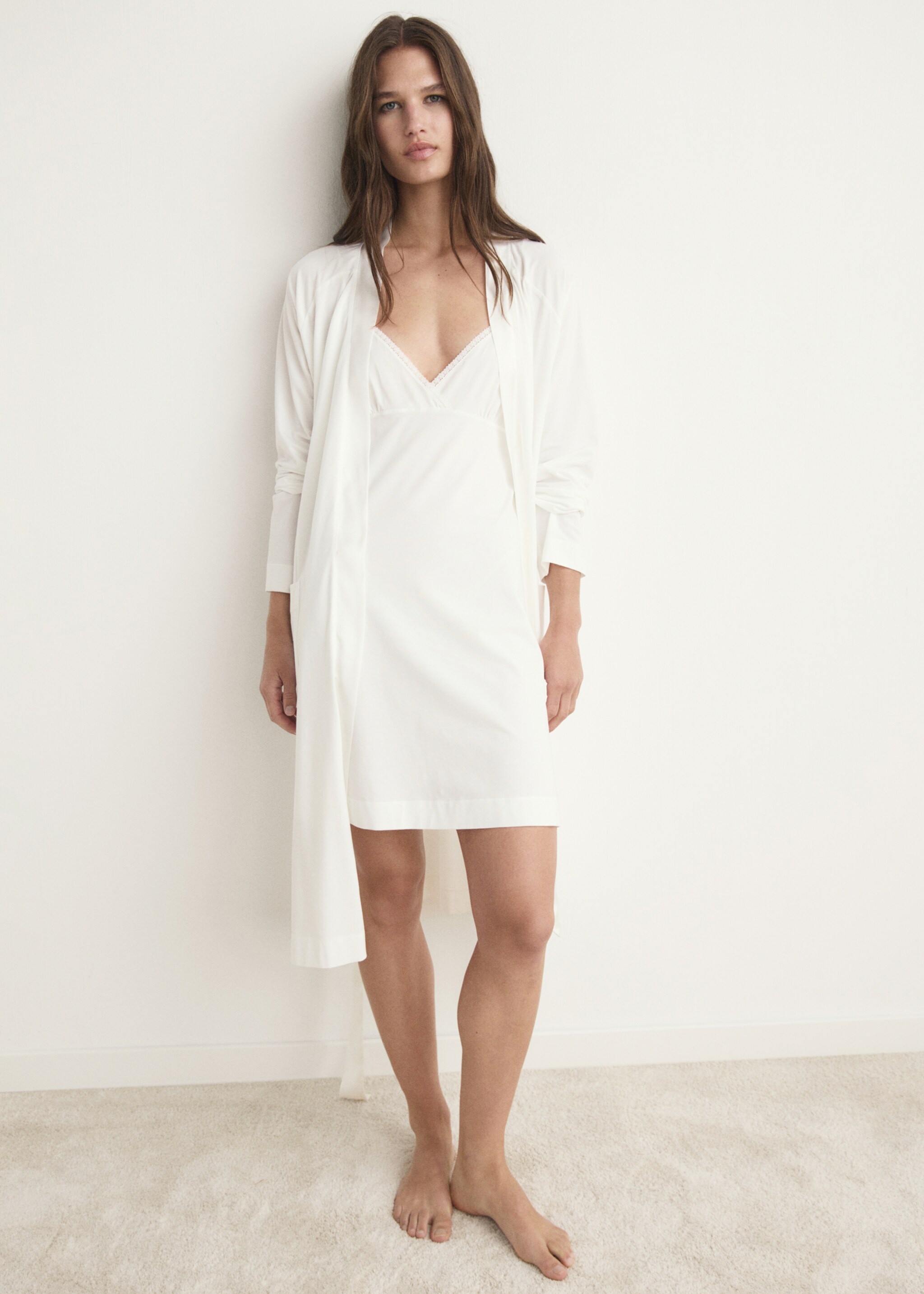 Cotton dressing gown with satin trim - General plane, White. Ref: 17091539-00.