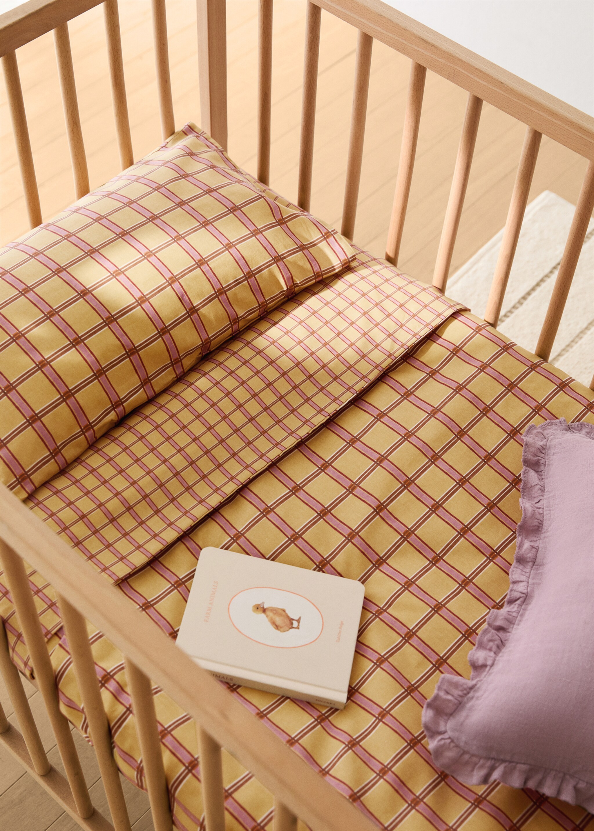 Reversible percale cotton check-print duvet cover for crib - General plane, Mustard. Ref: 17092036-00.