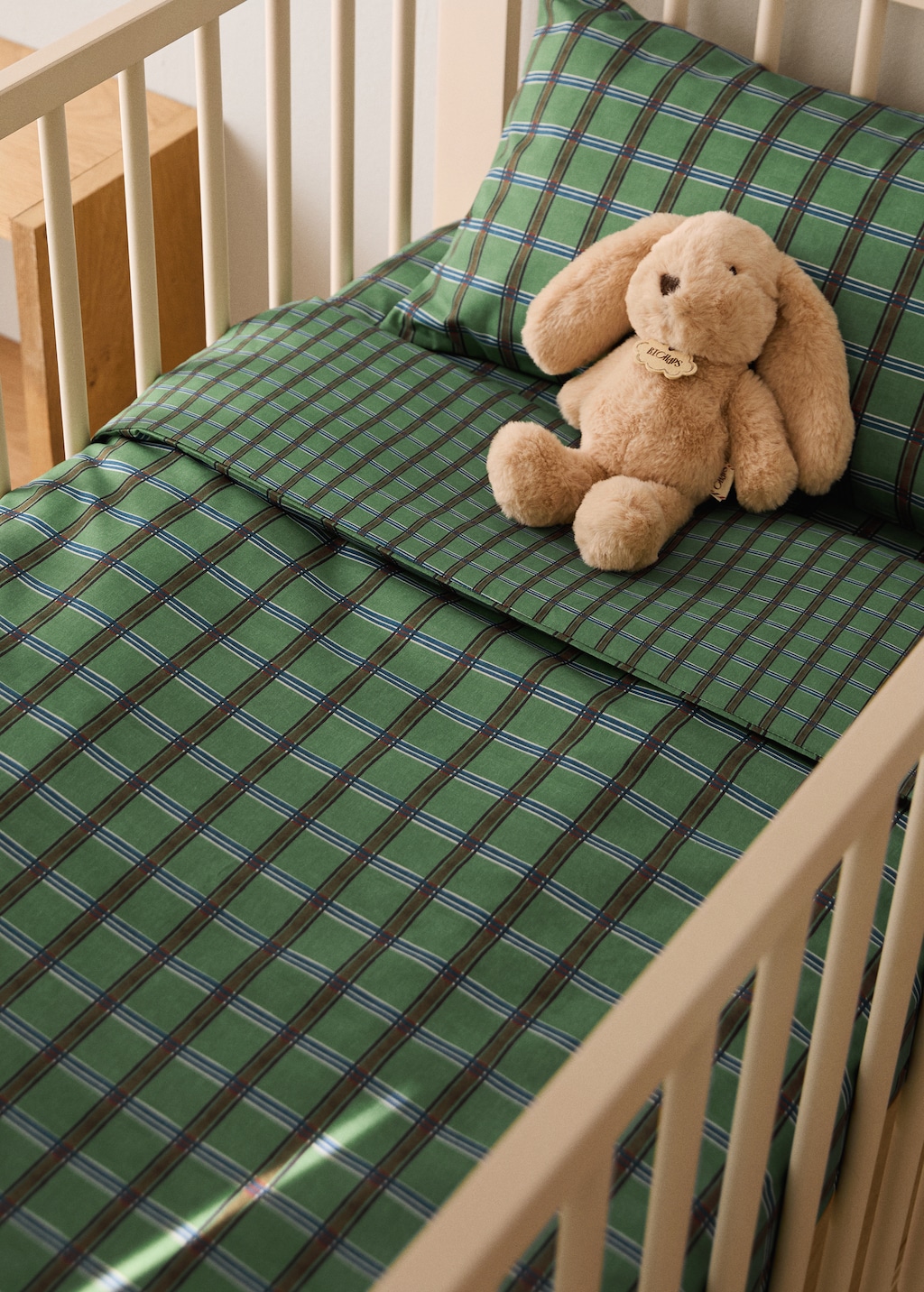 Reversible percale cotton check-print duvet cover for crib