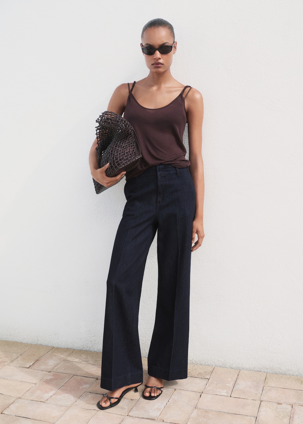 High-waisted wide leg denim pants