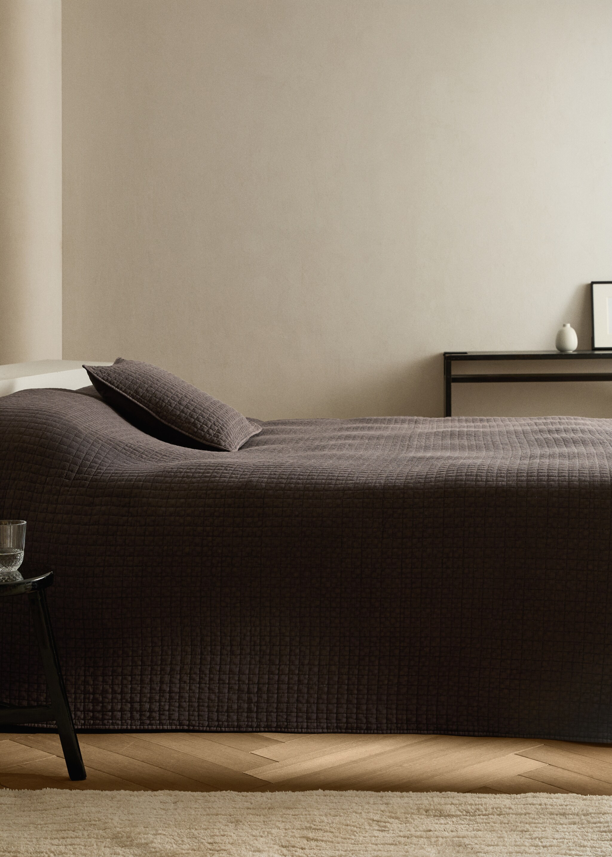 Cotton garment-dyed check bedspread for 150/160 cm bed - General plane, Coffee. Ref: 17093807-00.