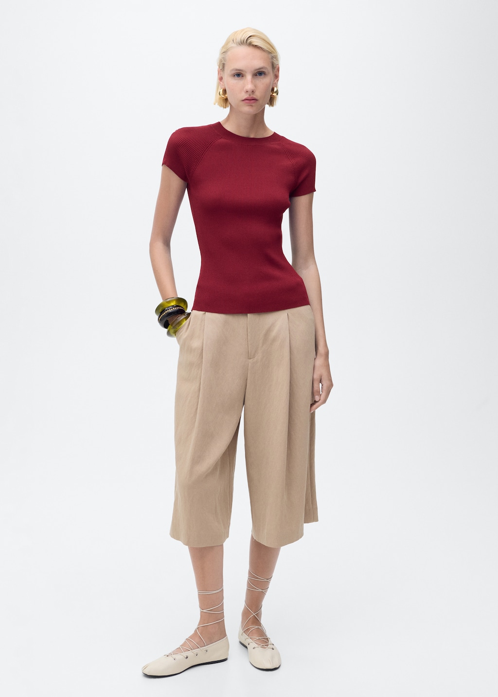 Mango Ribbed-knit short-sleeved sweater