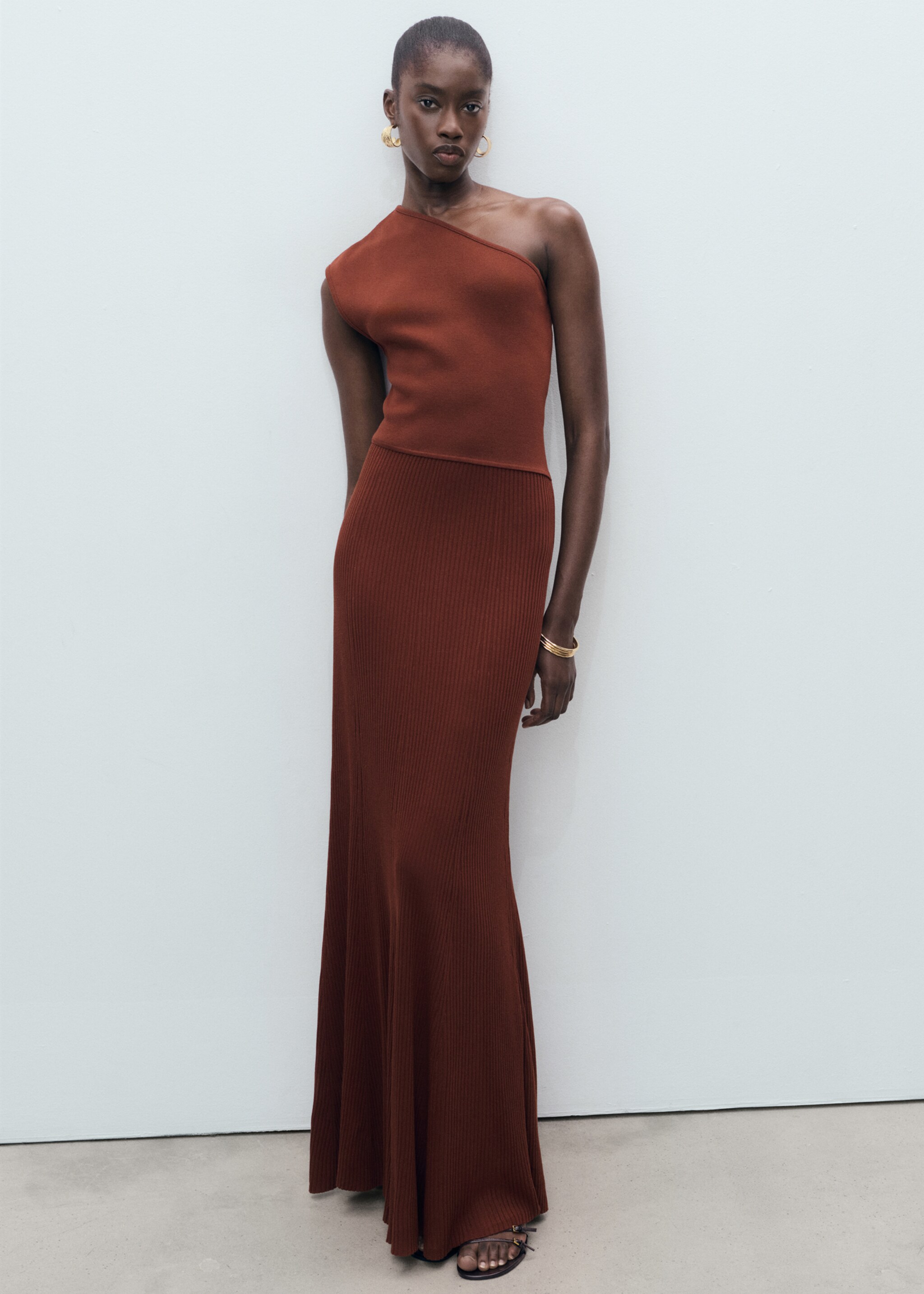 Asymmetrical combined-knit dress - General plane, Russet. Ref: 17094139-00.