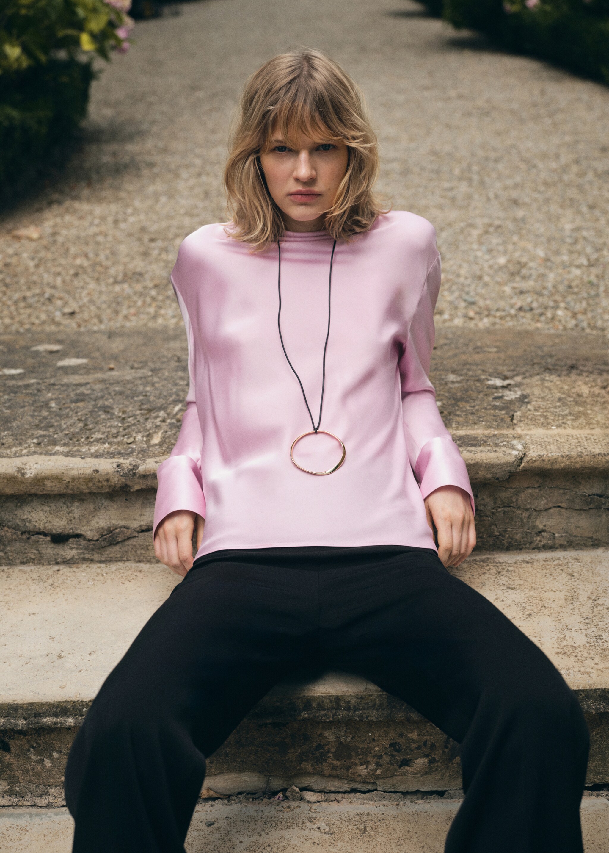 Satin blouse with draped back - General plane, Pale Pink. Ref: 17094144-00.