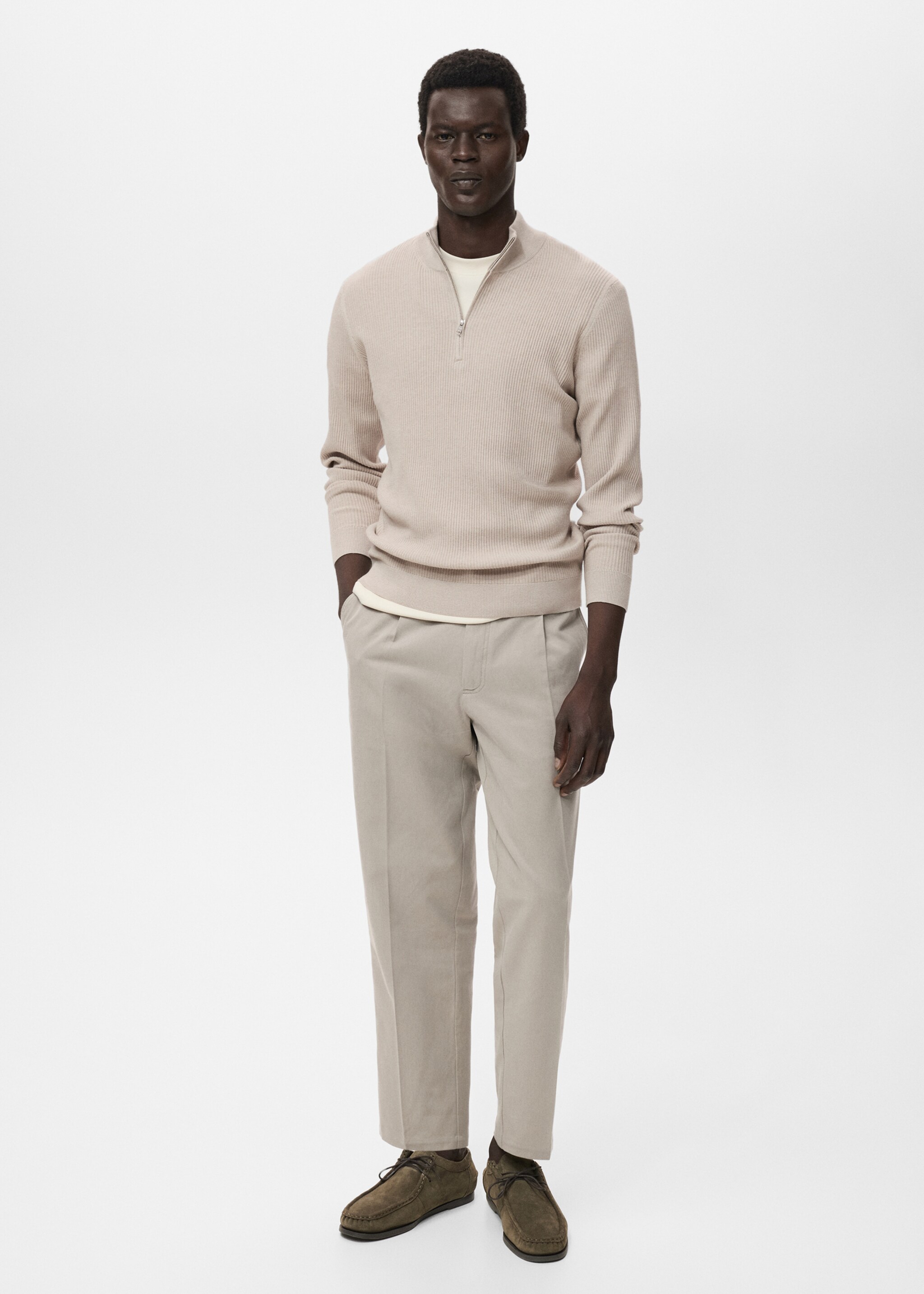 Ribbed sweater with zip neck - General plane, Beige. Ref: 17094427-00.