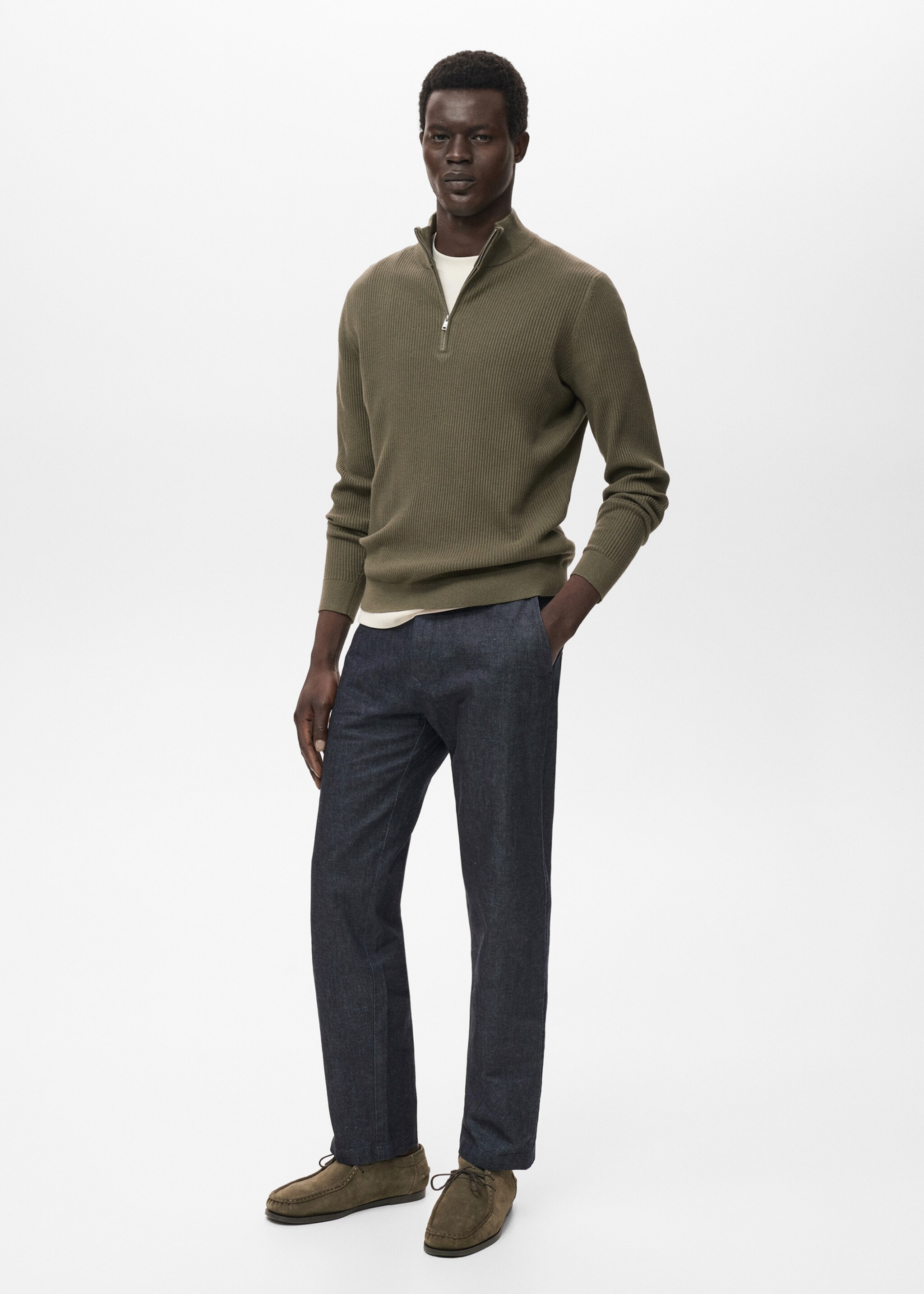 Ribbed sweater with zip neck - General plane, Olive Green. Ref: 17094427-00.