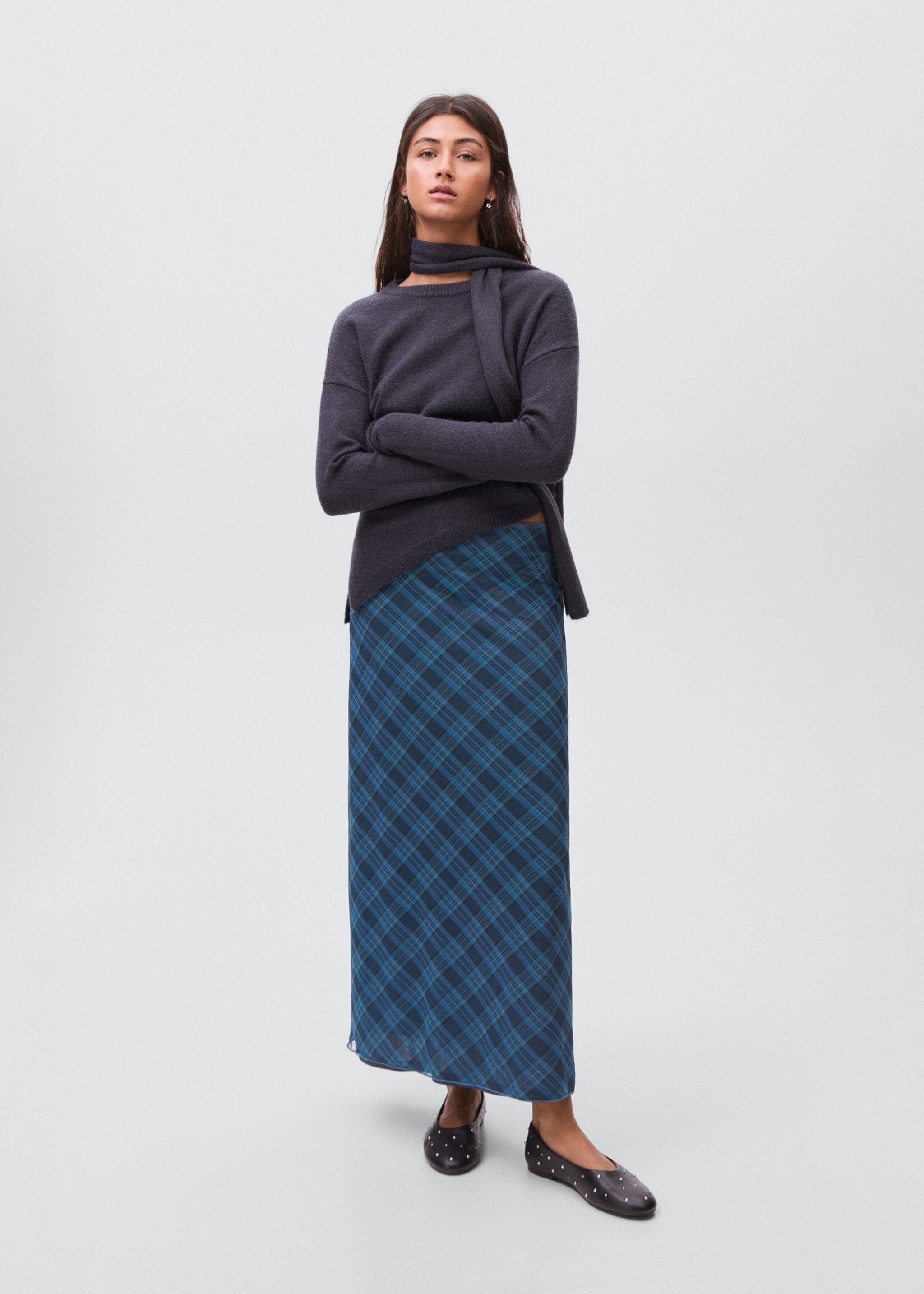 Checked long skirt - General plane, Dark Navy. Ref: 17094781-00.