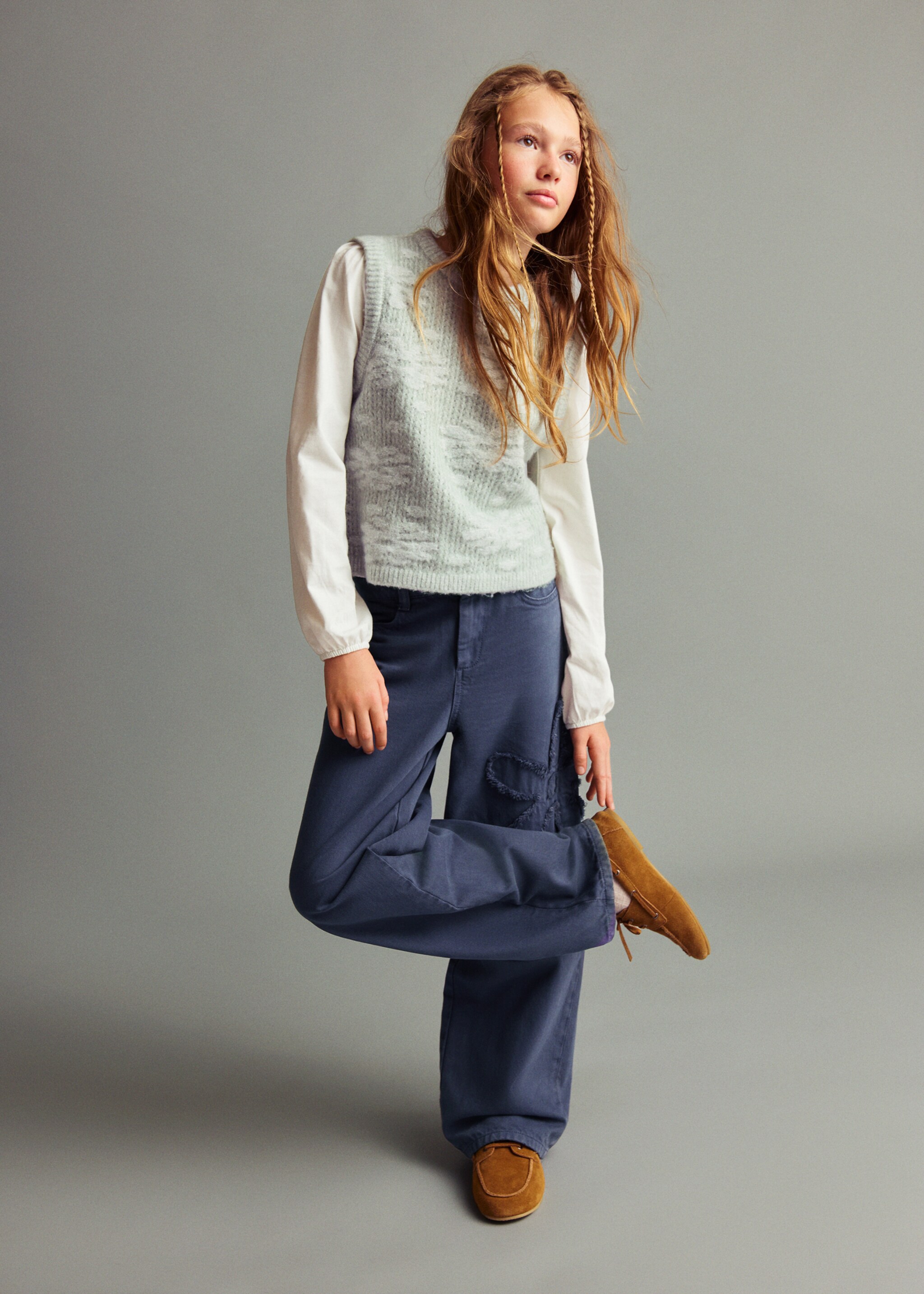 Flower-embroidered wide leg jeans - General plane, Blue. Ref: 17095151-00.